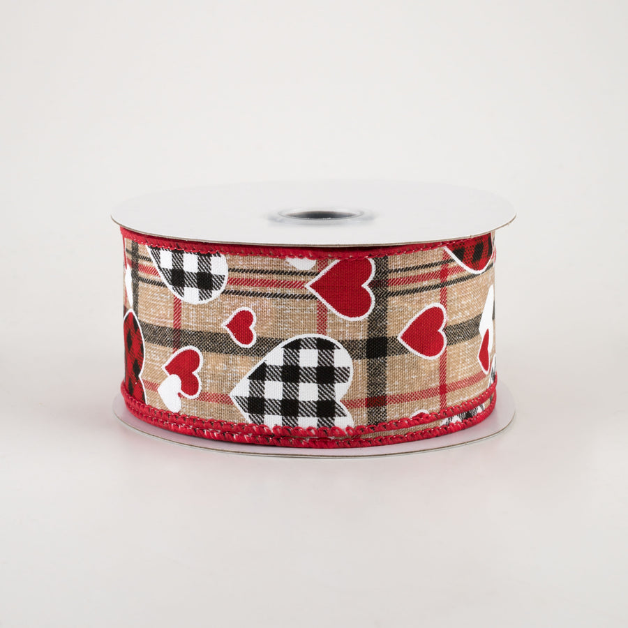 1.5" Check Hearts On Plaid Ribbon: Beige (10 Yards)