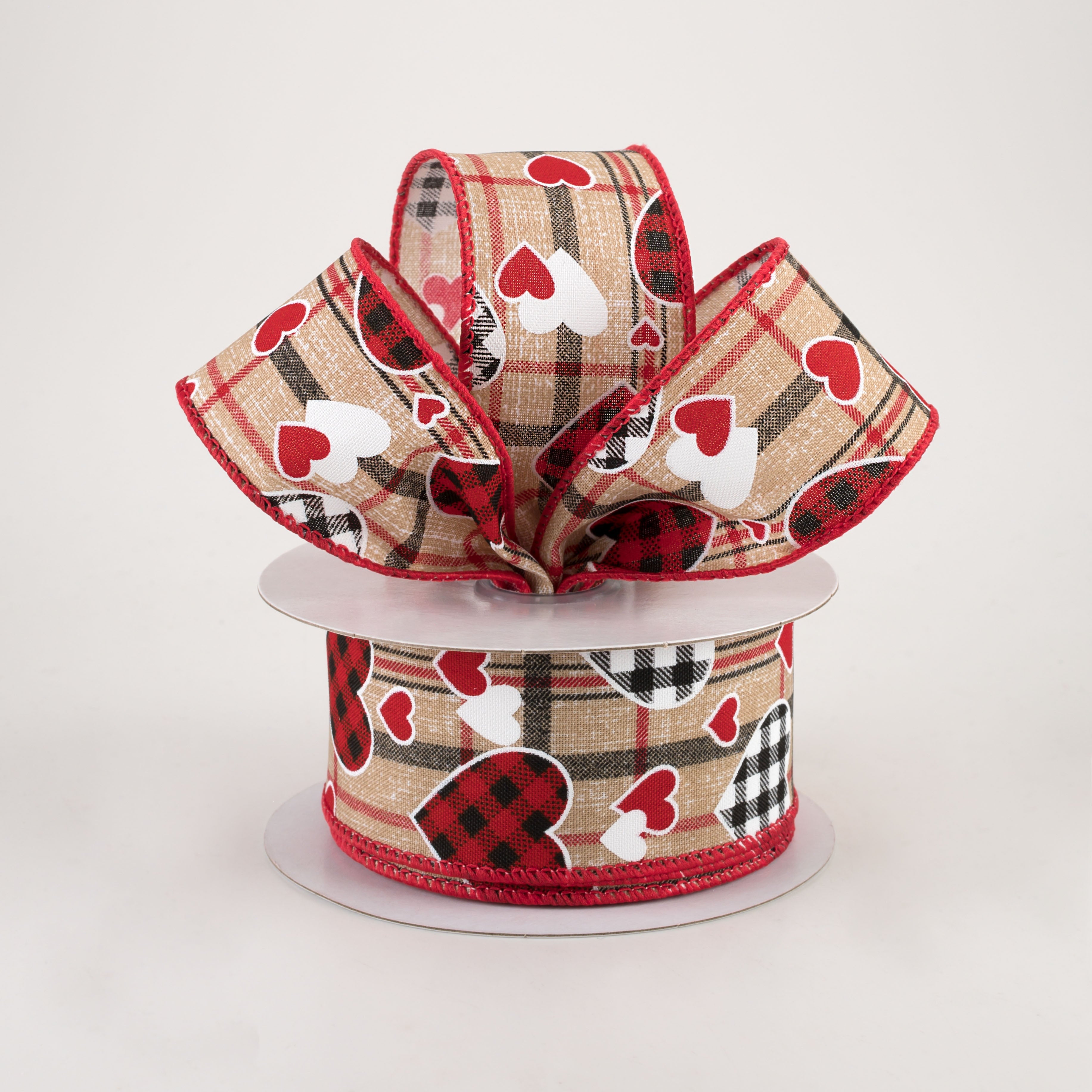 1.5" Check Hearts On Plaid Ribbon: Beige (10 Yards) Lifestyle Photo