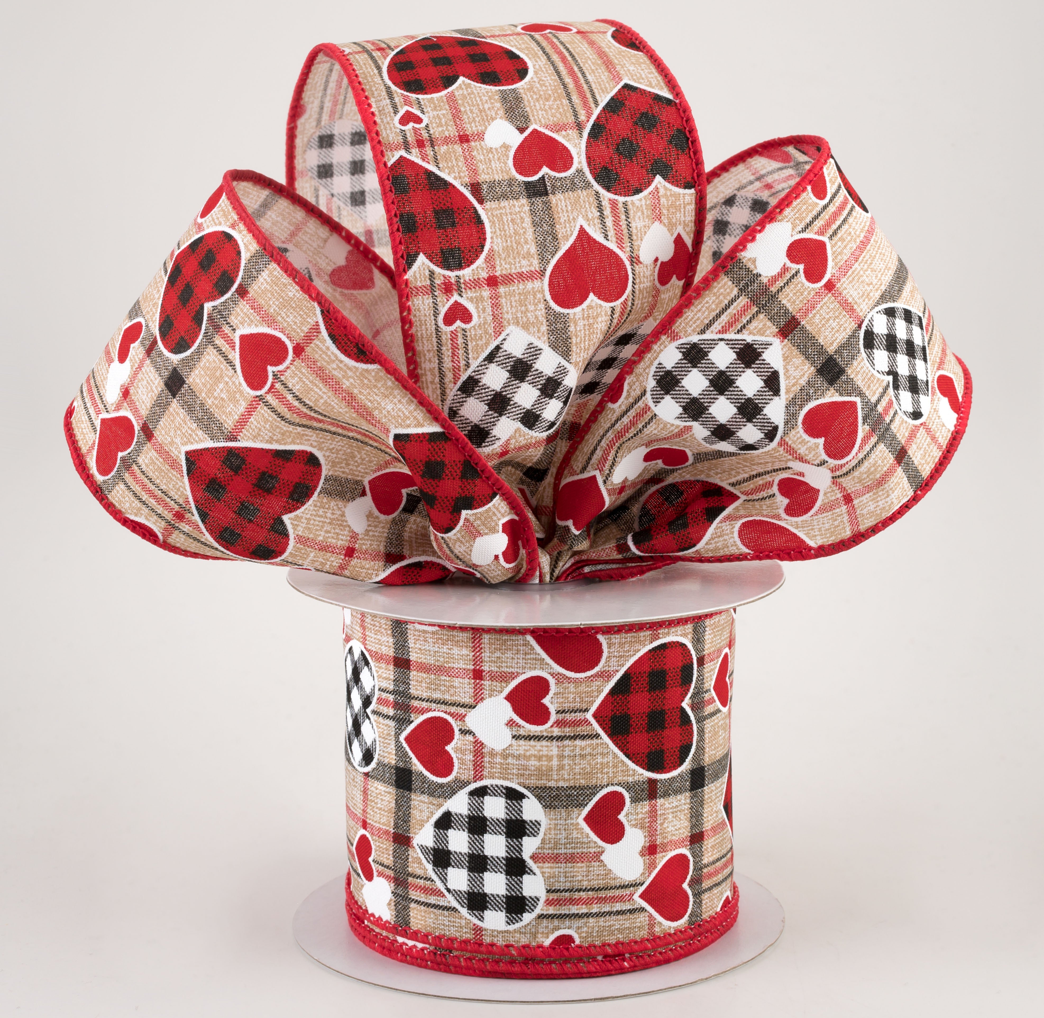 2.5" Check Hearts On Plaid Ribbon: Beige (10 Yards) Lifestyle Photo