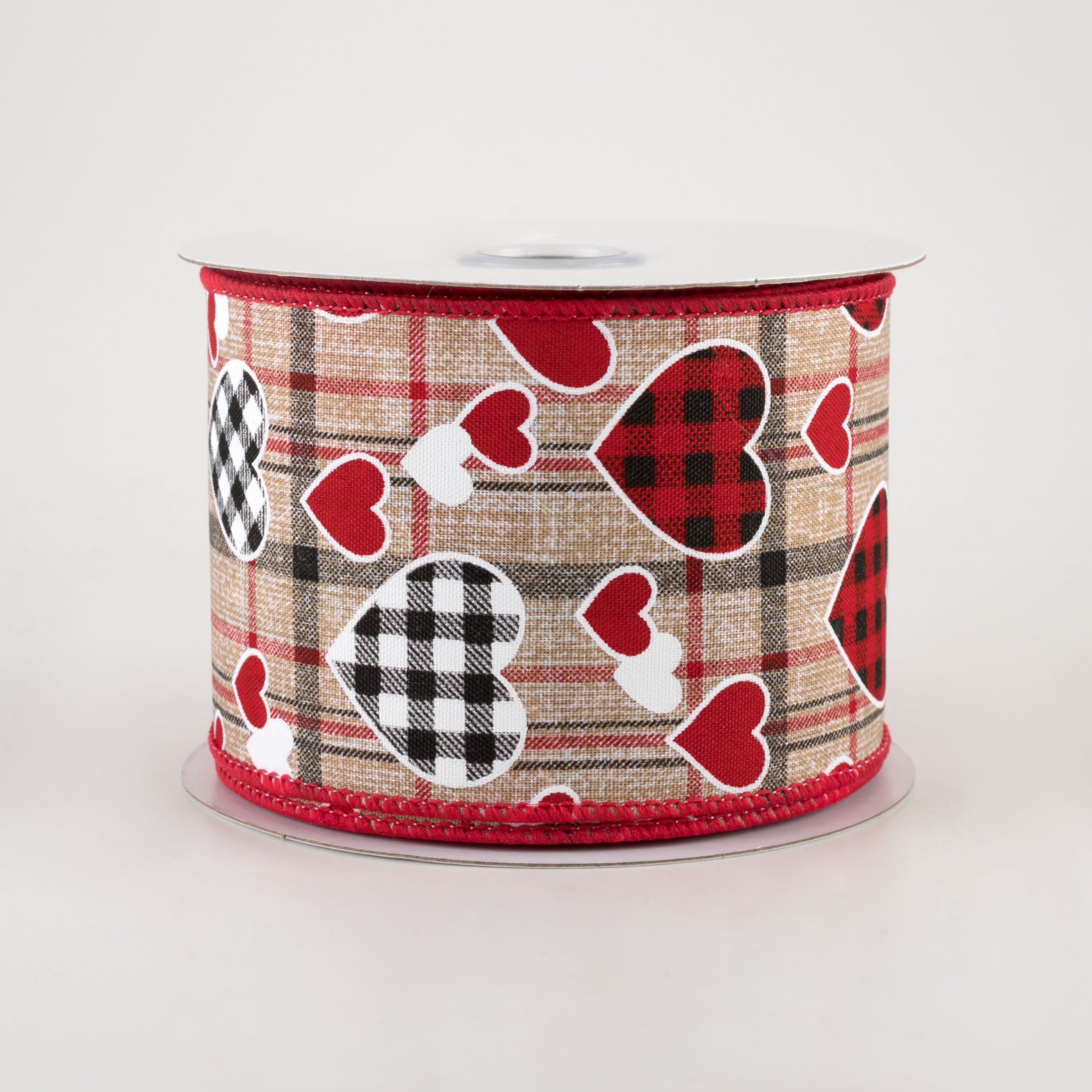 2.5" Check Hearts On Plaid Ribbon: Beige (10 Yards)