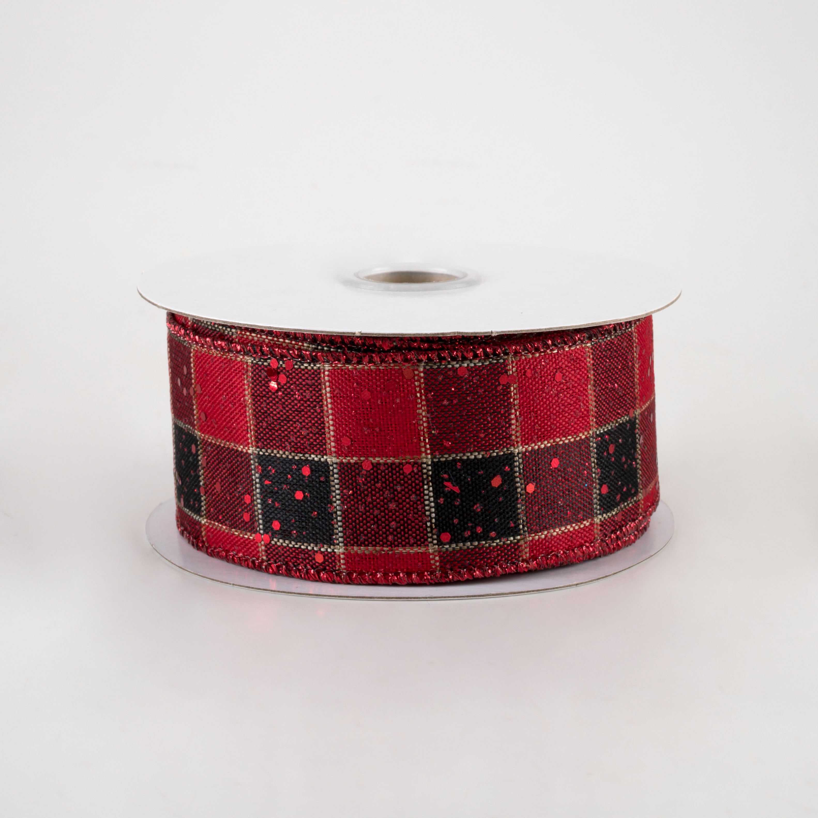 1.5" Check Hex Glitter Ribbon: Red & Black (10 Yards)