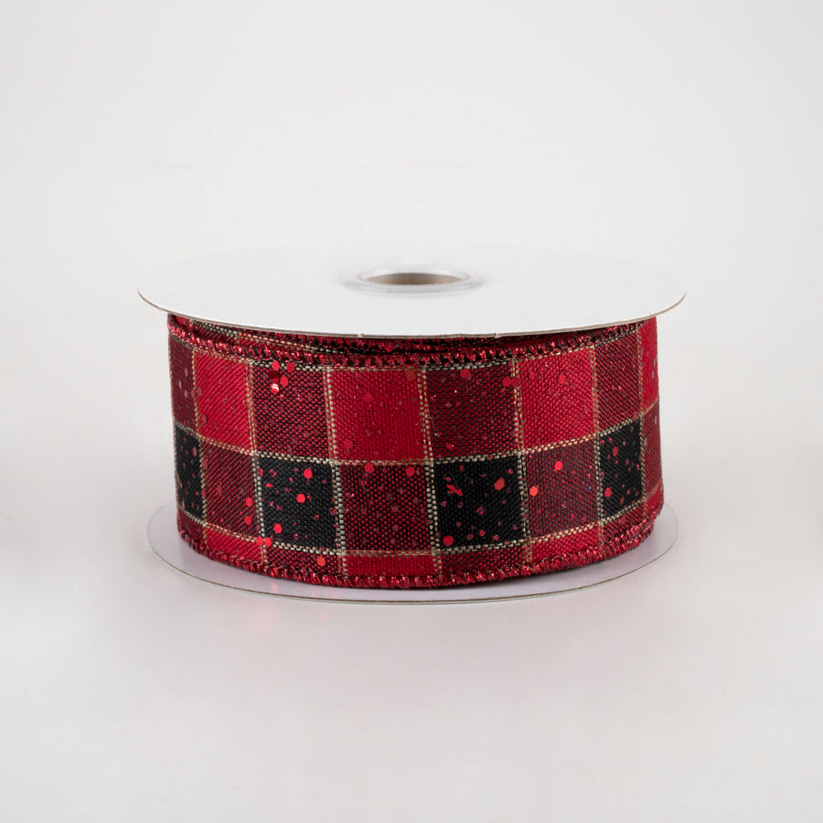 1.5" Check Hex Glitter Ribbon: Red & Black (10 Yards)