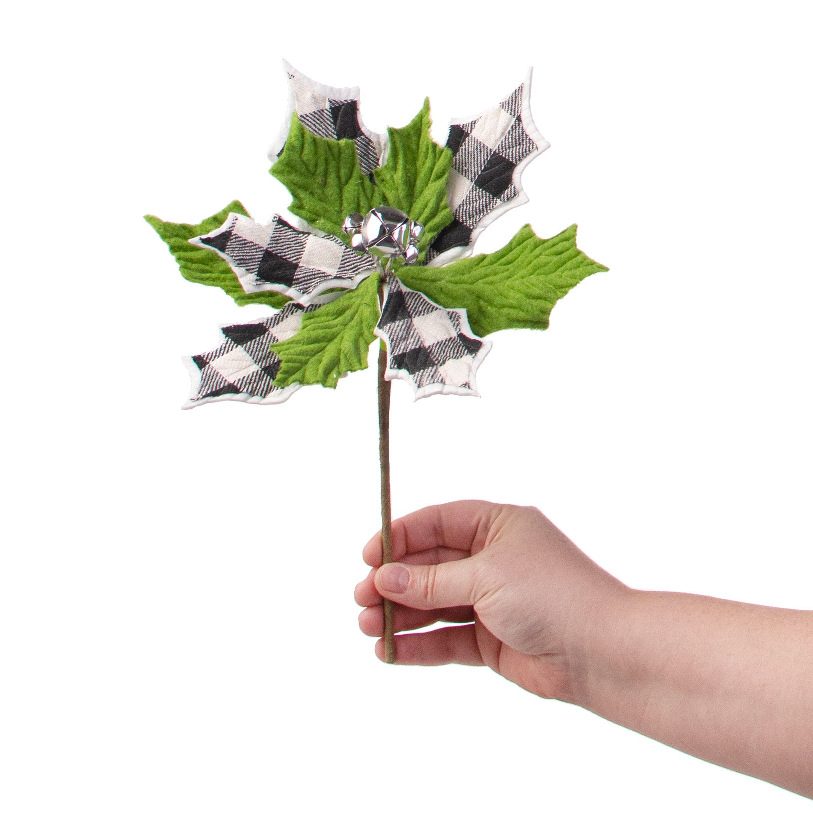 10" Check Poinsettia Bell Pick: Black, White, Green detail photo 3