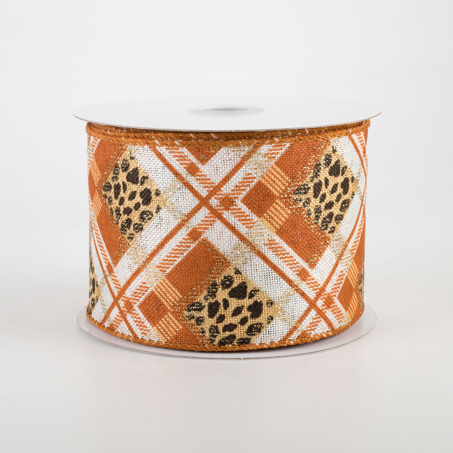 2.5" Cheetah Argyle Plaid Linen Ribbon: Orange & Ivory (10 Yards)