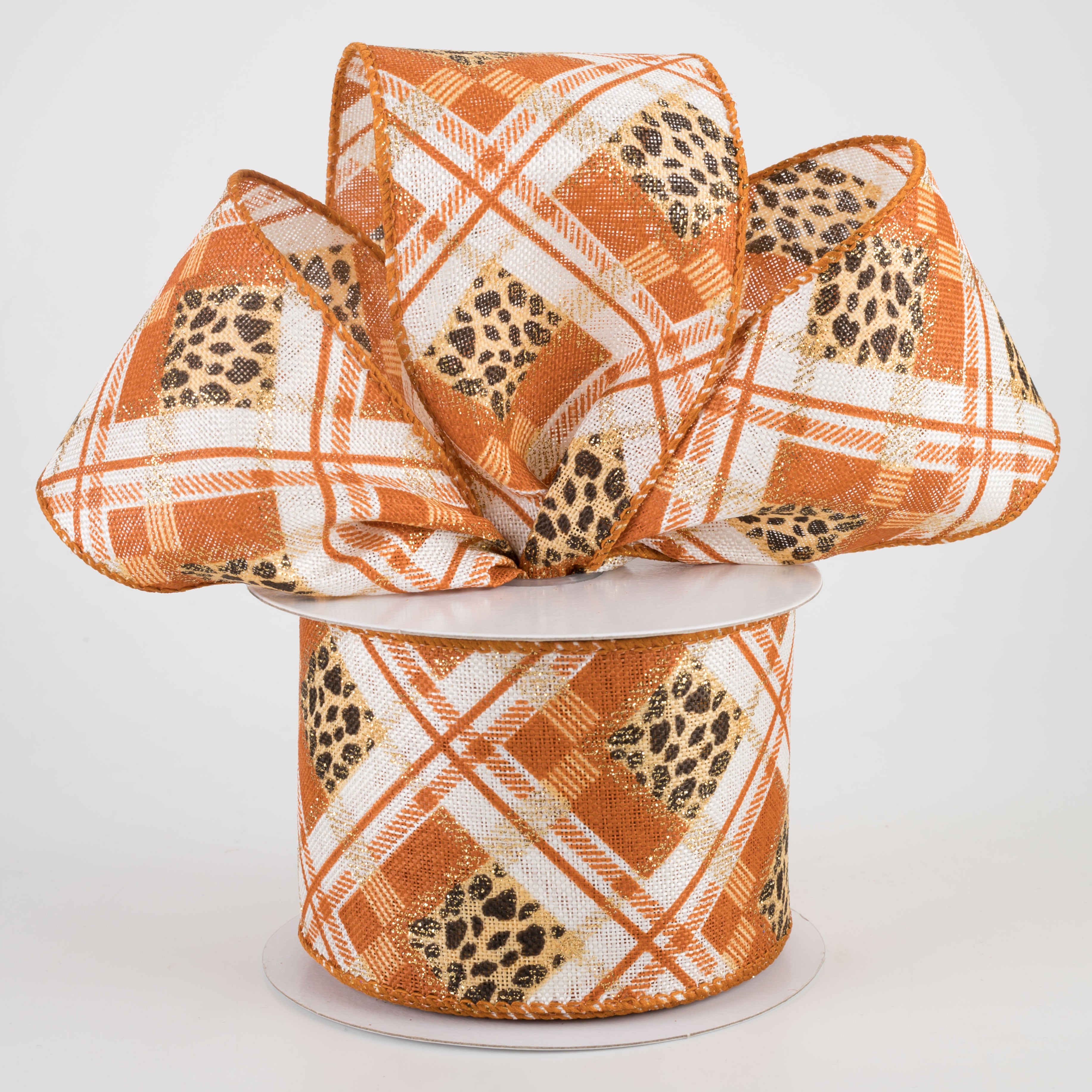 2.5" Cheetah Argyle Plaid Linen Ribbon: Orange & Ivory (10 Yards) Lifestyle Photo