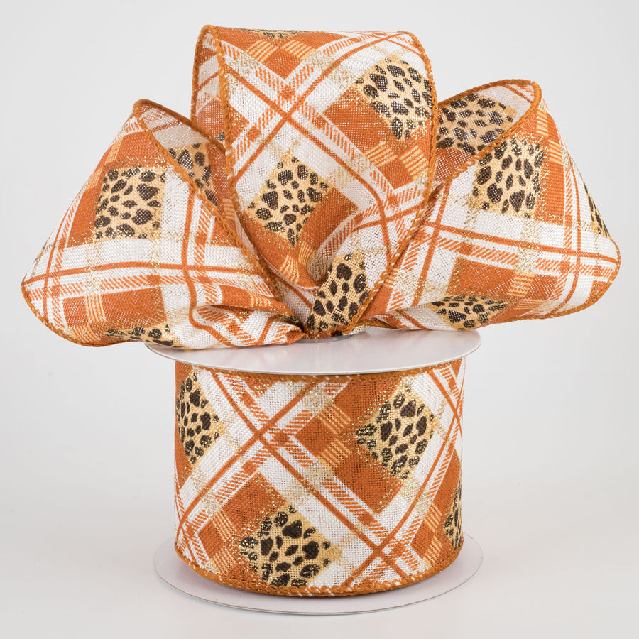 2.5" Cheetah Argyle Plaid Linen Ribbon: Orange & Ivory (10 Yards) Lifestyle Photo
