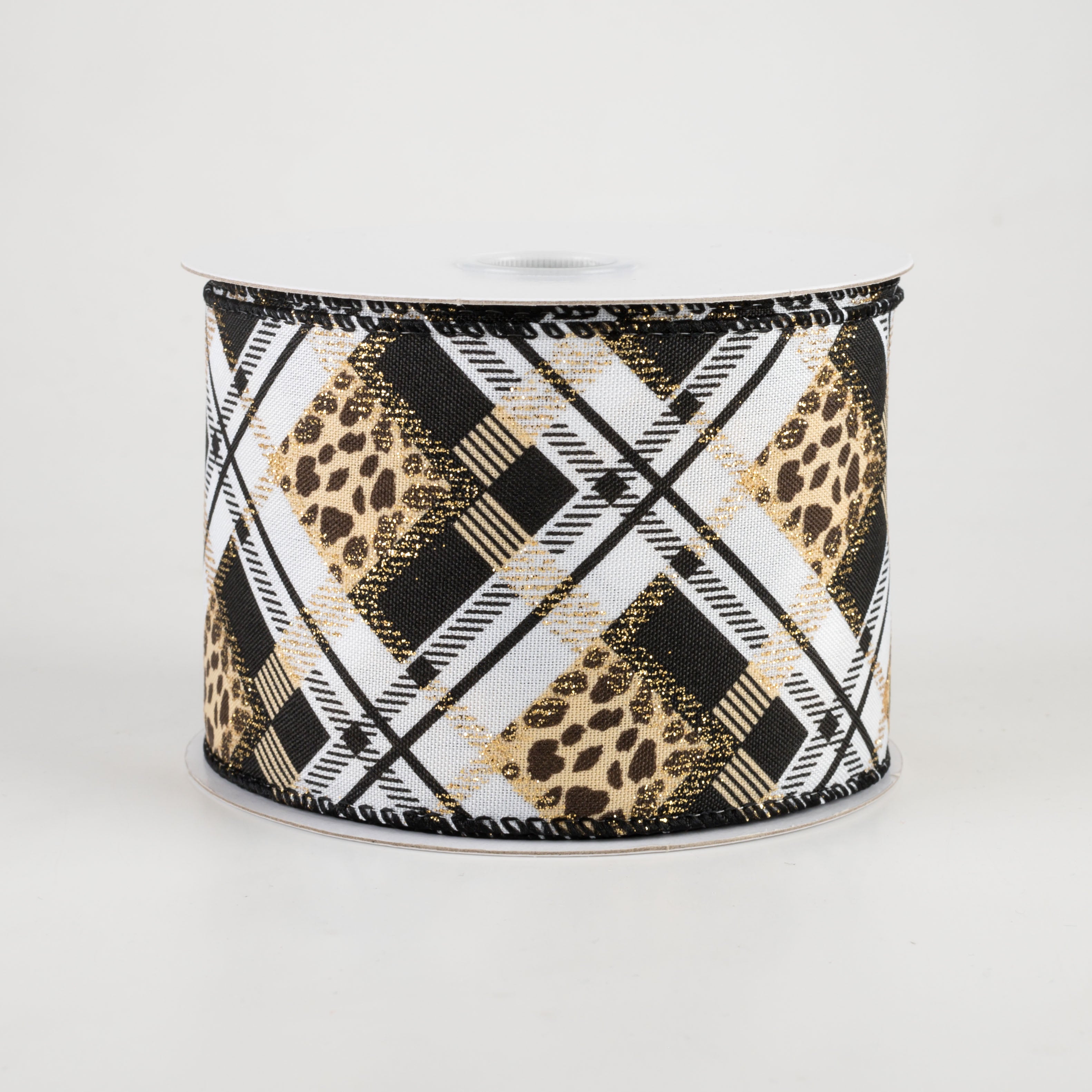 2.5" Cheetah Argyle Plaid Satin Ribbon: Black & White (10 Yards)