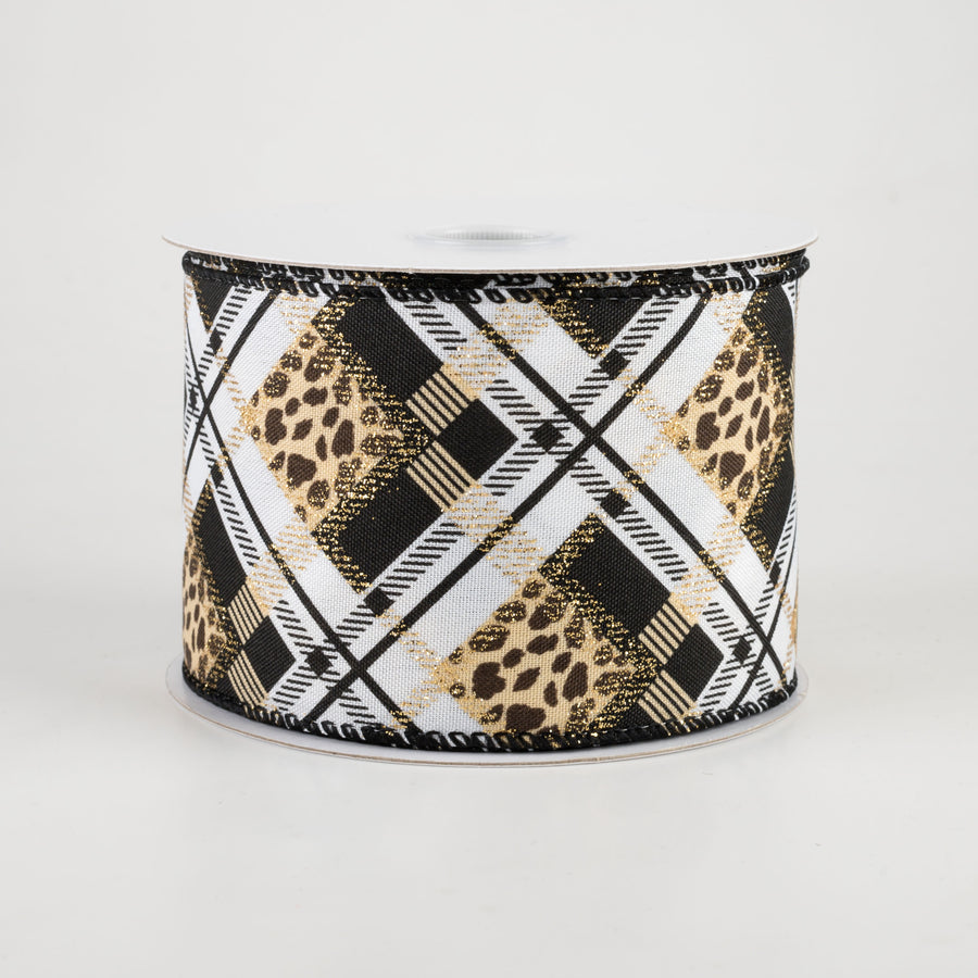 2.5" Cheetah Argyle Plaid Satin Ribbon: Black & White (10 Yards)