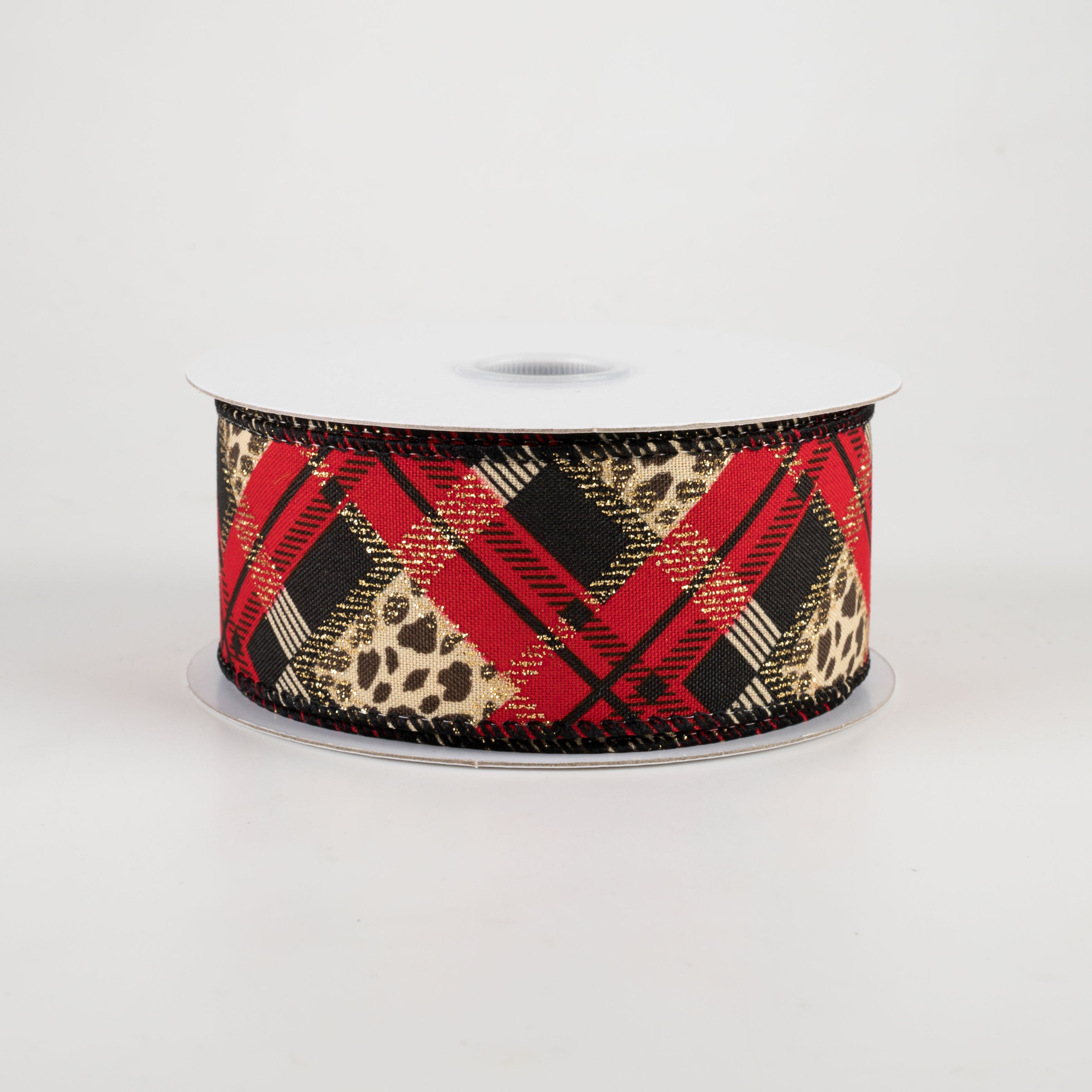 1.5" Cheetah Argyle Plaid Satin Ribbon: Red & Black (10 Yards) Item Number: 61118-09-13
