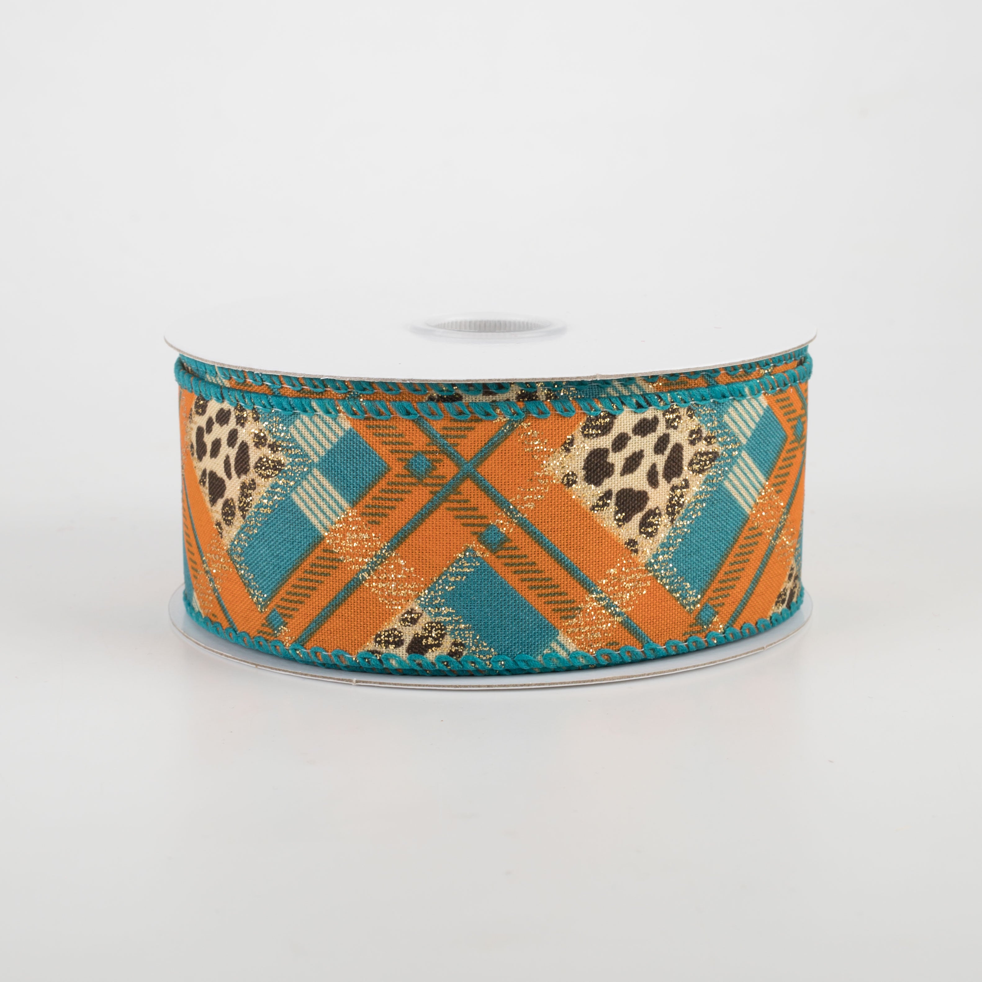 1.5" Cheetah Argyle Plaid Satin Ribbon: Teal & Orange (10 Yards) Item Number: 61118-09-39
