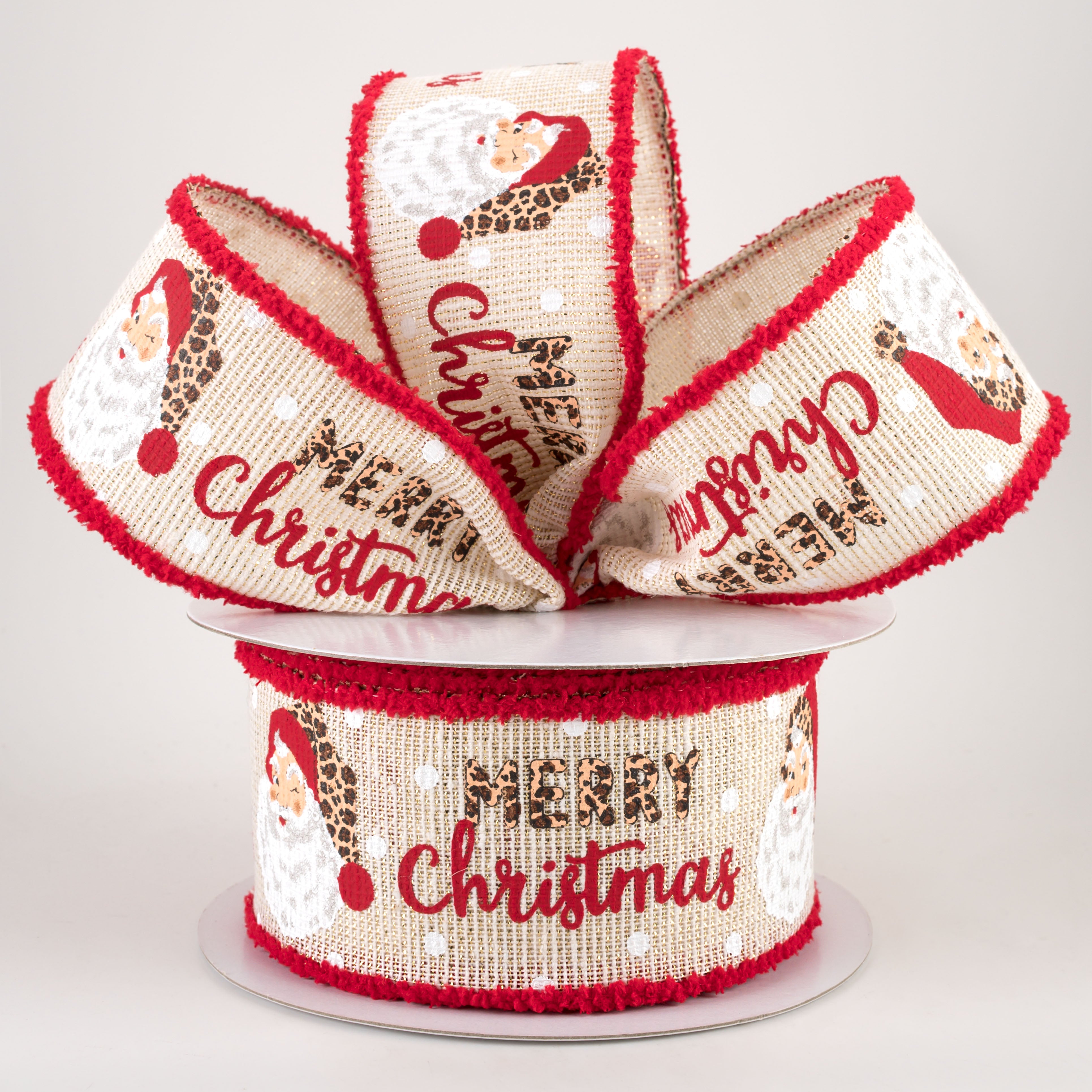 2.5" Cheetah Print Merry Christmas Santa Fuzzy Edge Ribbon: Ivory (10 Yards) Lifestyle Photo