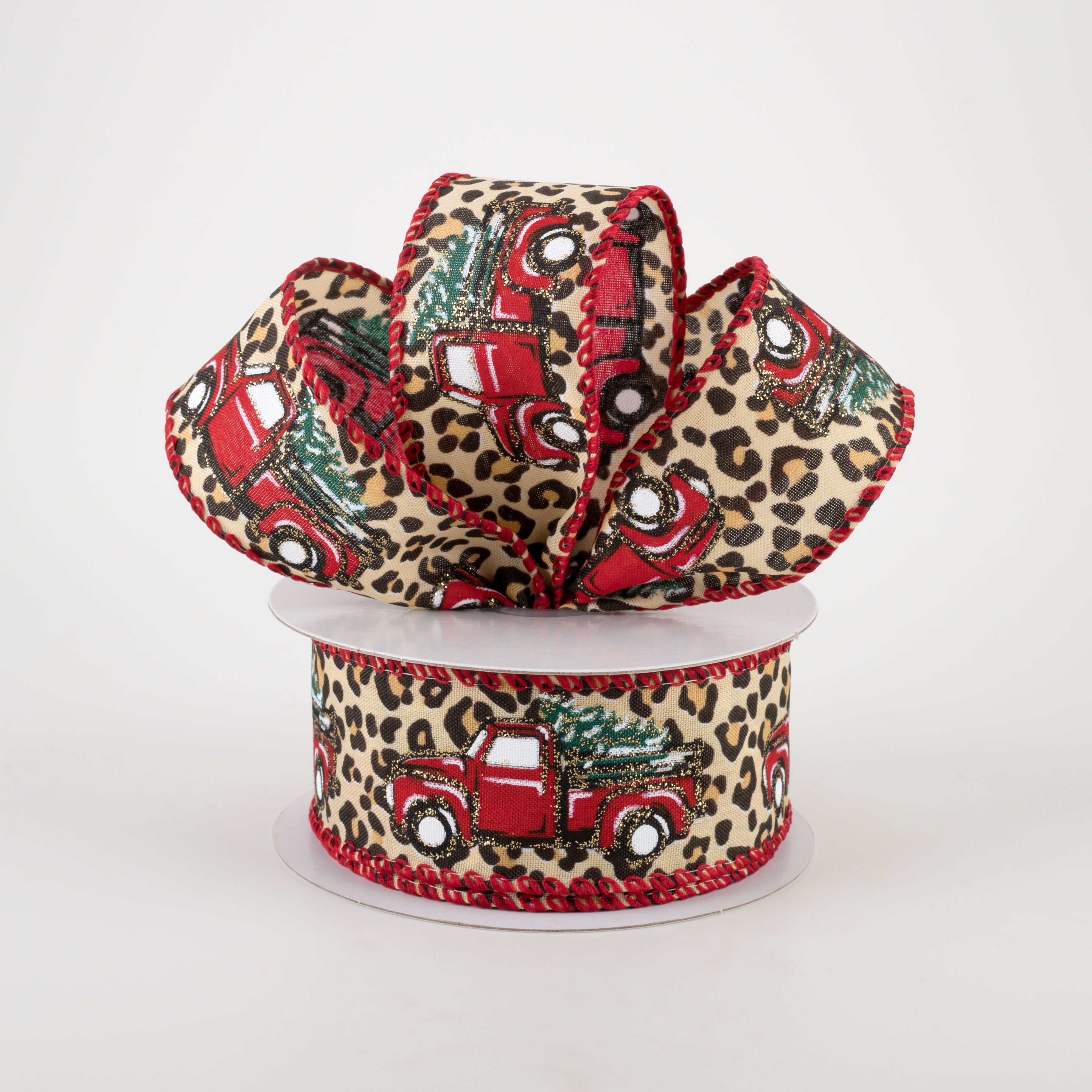 1.5" Cheetah Print Red Christmas Truck Ribbon (10 Yards) Lifestyle Photo