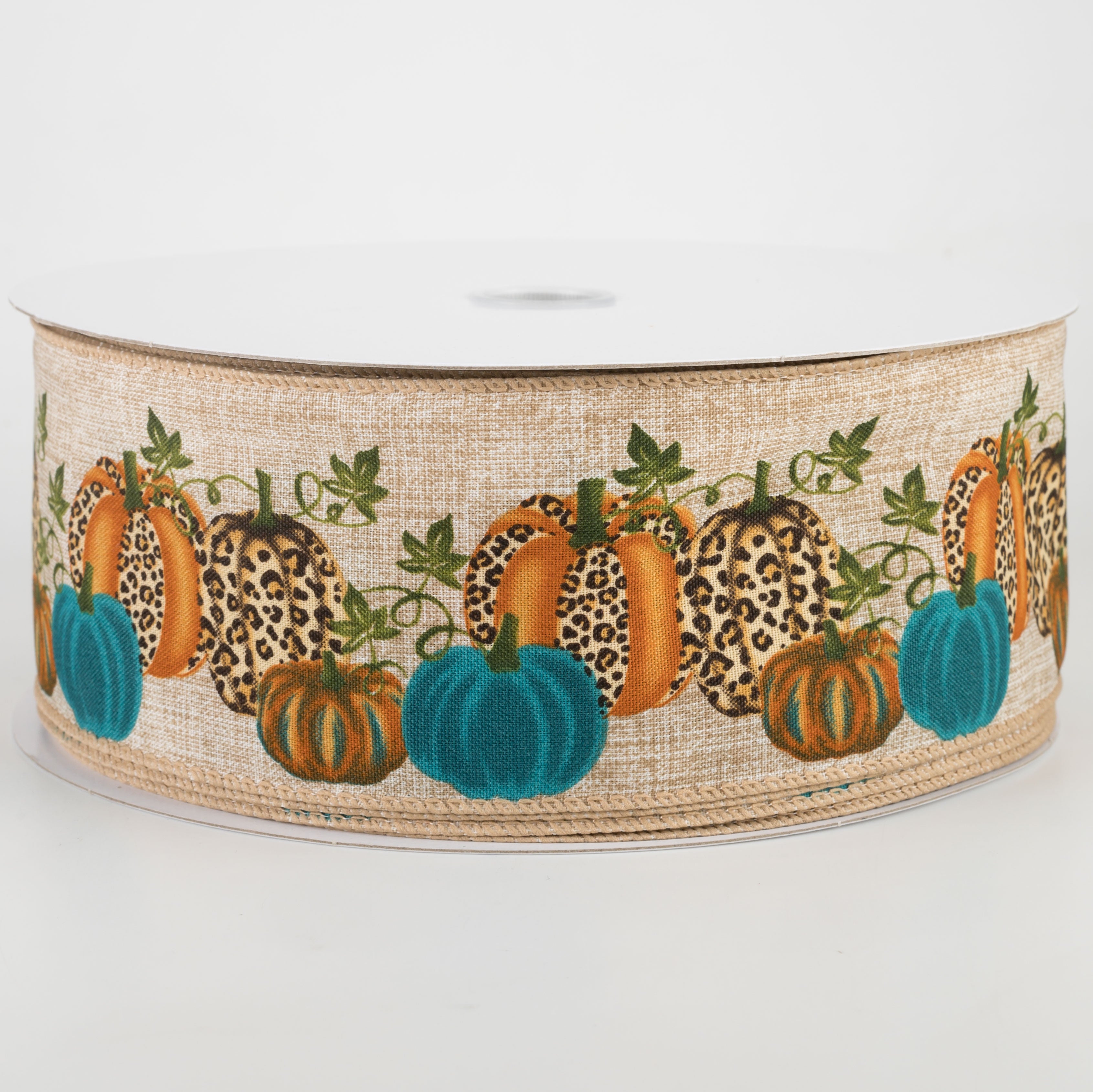 2.5" Cheetah Pumpkin Natural Ribbon: Teal (50 Yards)