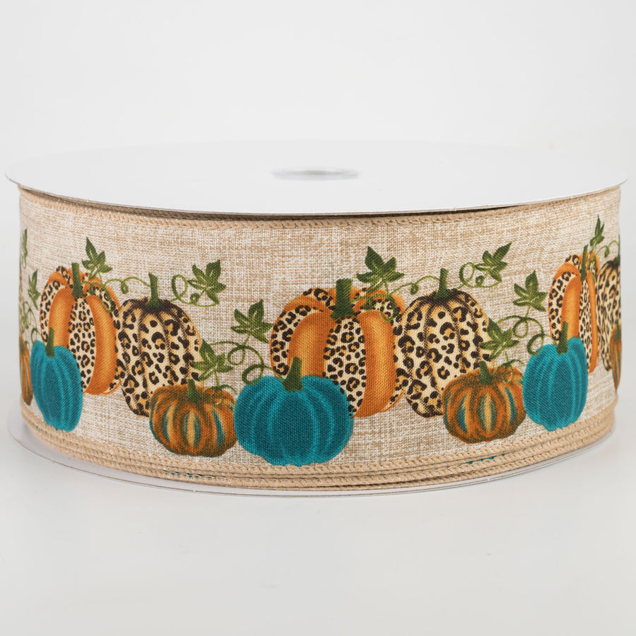 2.5" Cheetah Pumpkin Natural Ribbon: Teal (50 Yards)