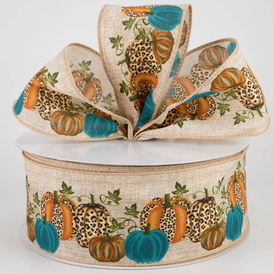2.5" Cheetah Pumpkin Natural Ribbon: Teal (50 Yards) Lifestyle Photo