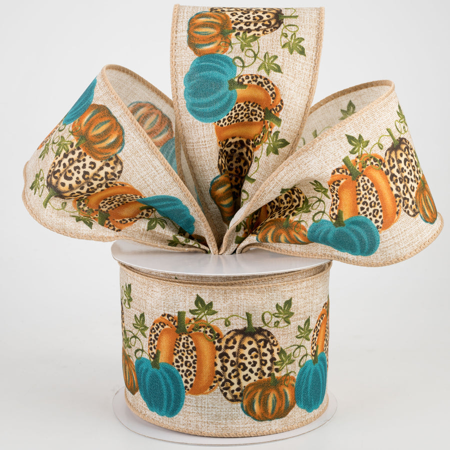 2.5" Cheetah Pumpkin Natural Ribbon: Teal (10 Yards) Lifestyle Photo