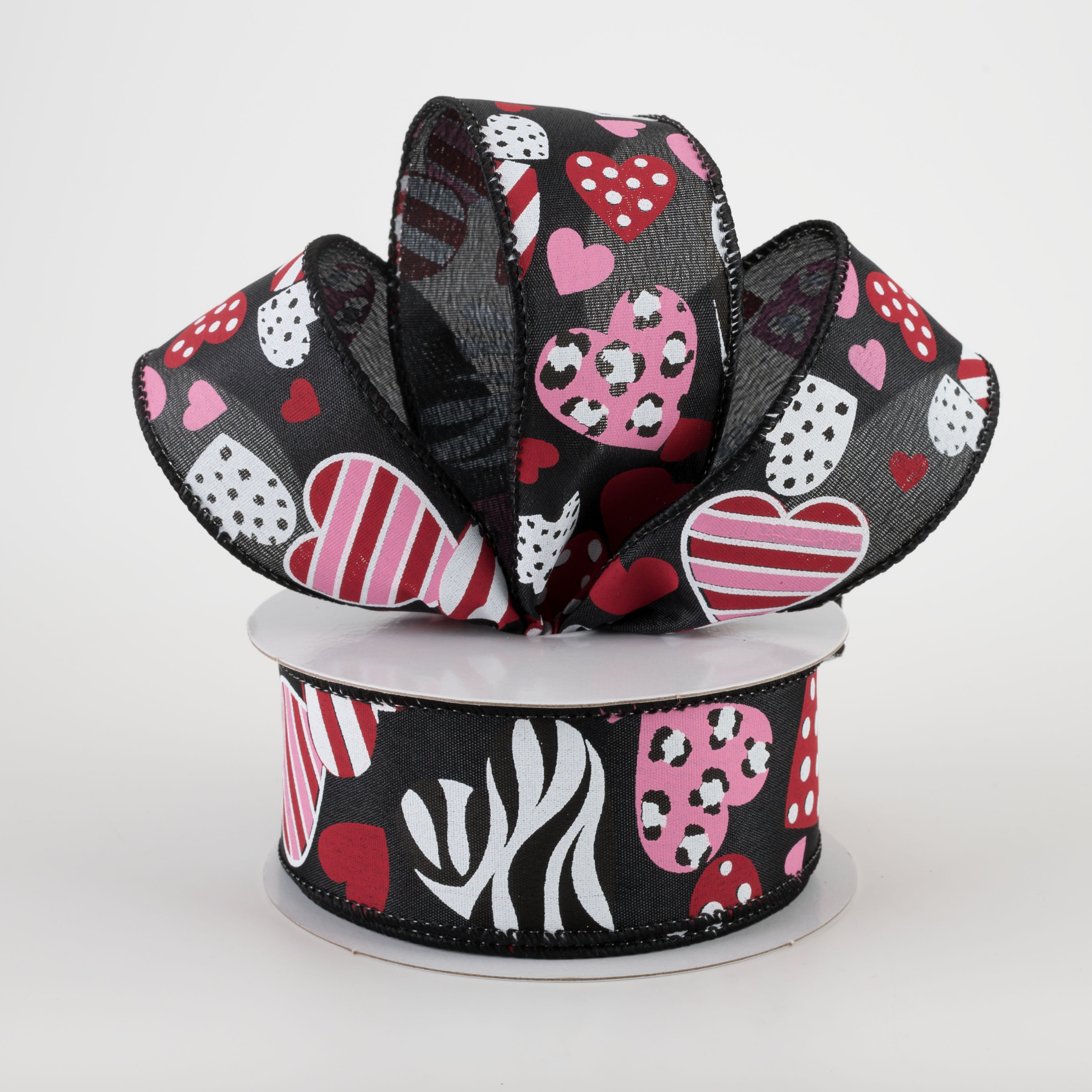 1.5" Cheetah, Zebra, Dot, Stripe Hearts Ribbon: Black (10 Yards) Lifestyle Photo