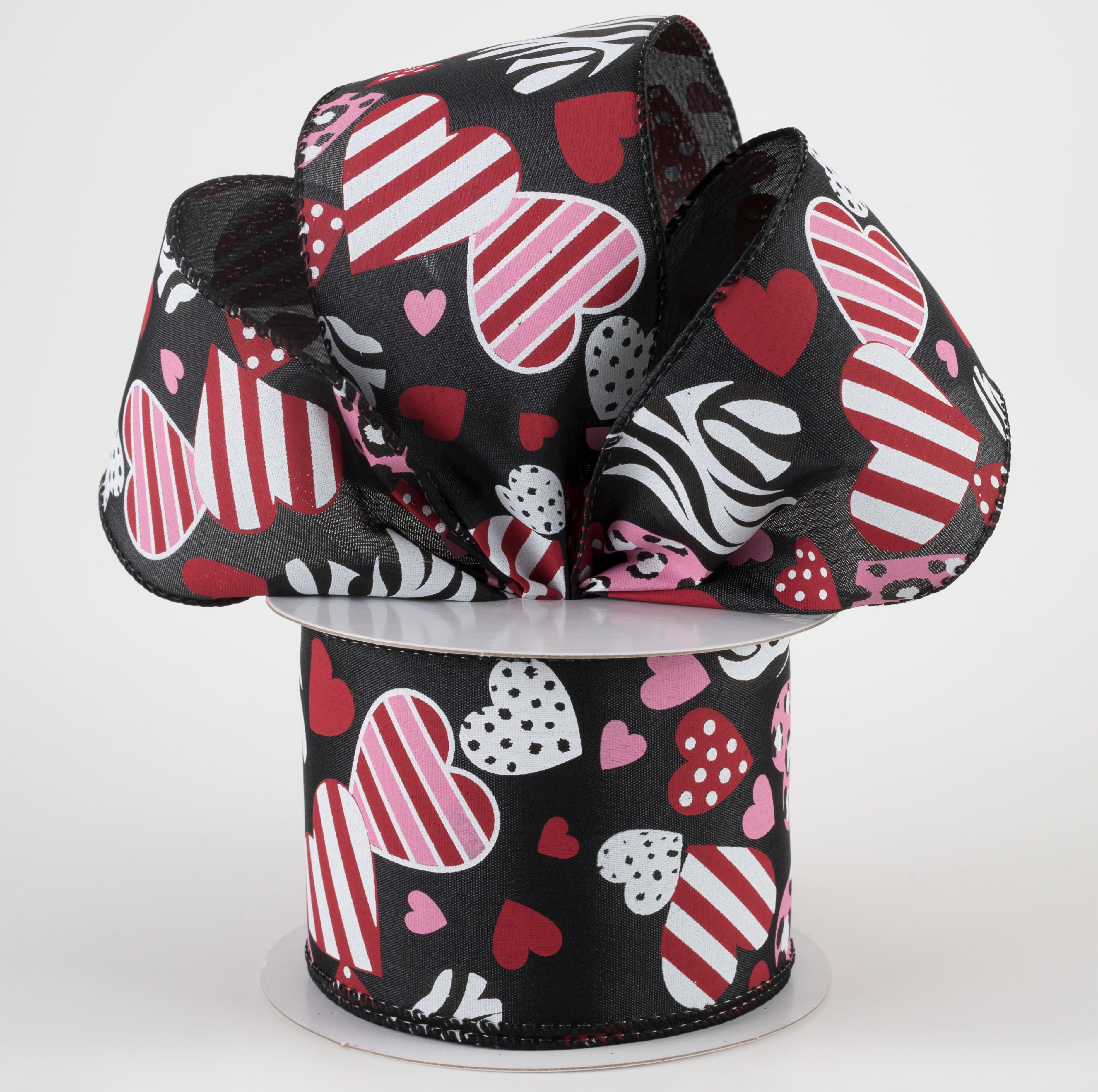 2.5" Cheetah, Zebra, Dot, Stripe Hearts Ribbon: Black (10 Yards) Lifestyle Photo