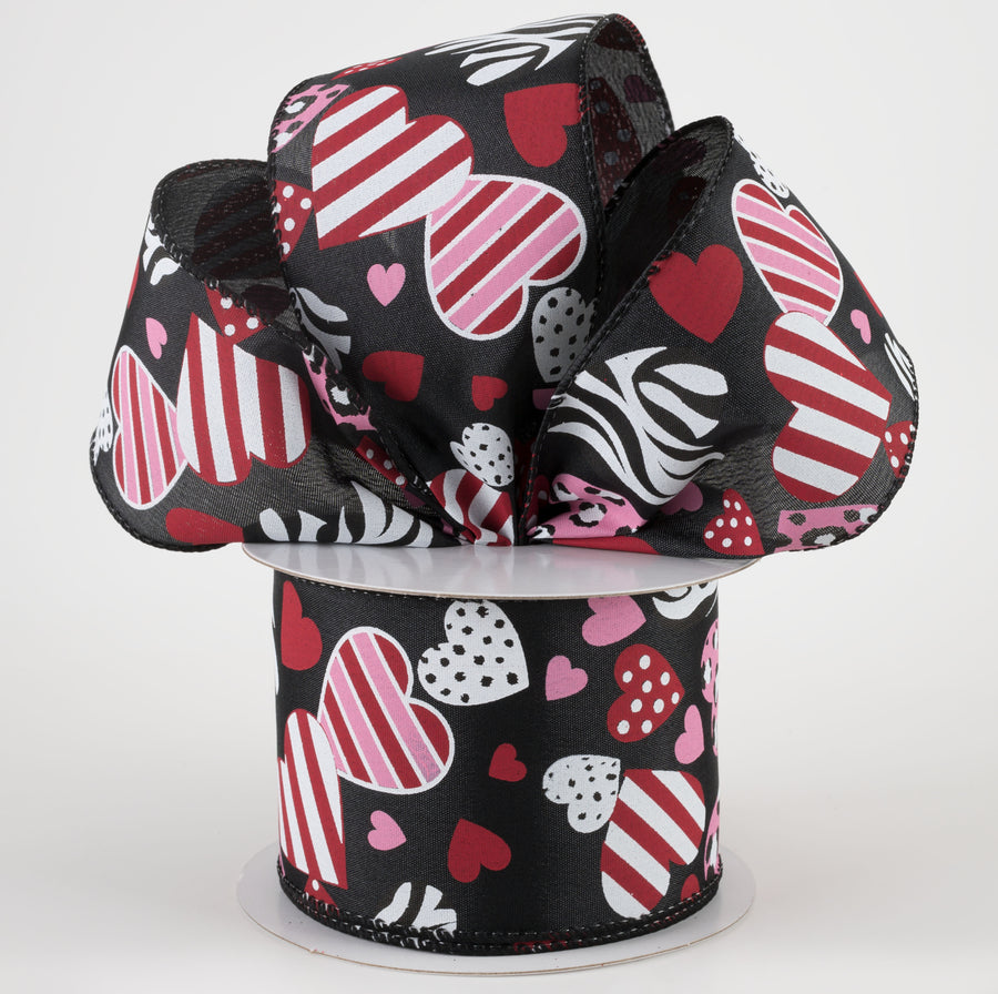2.5" Cheetah, Zebra, Dot, Stripe Hearts Ribbon: Black (10 Yards) Lifestyle Photo