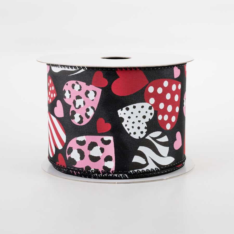 2.5" Cheetah, Zebra, Dot, Stripe Hearts Ribbon: Black (10 Yards) Item Number: 11210-40-44