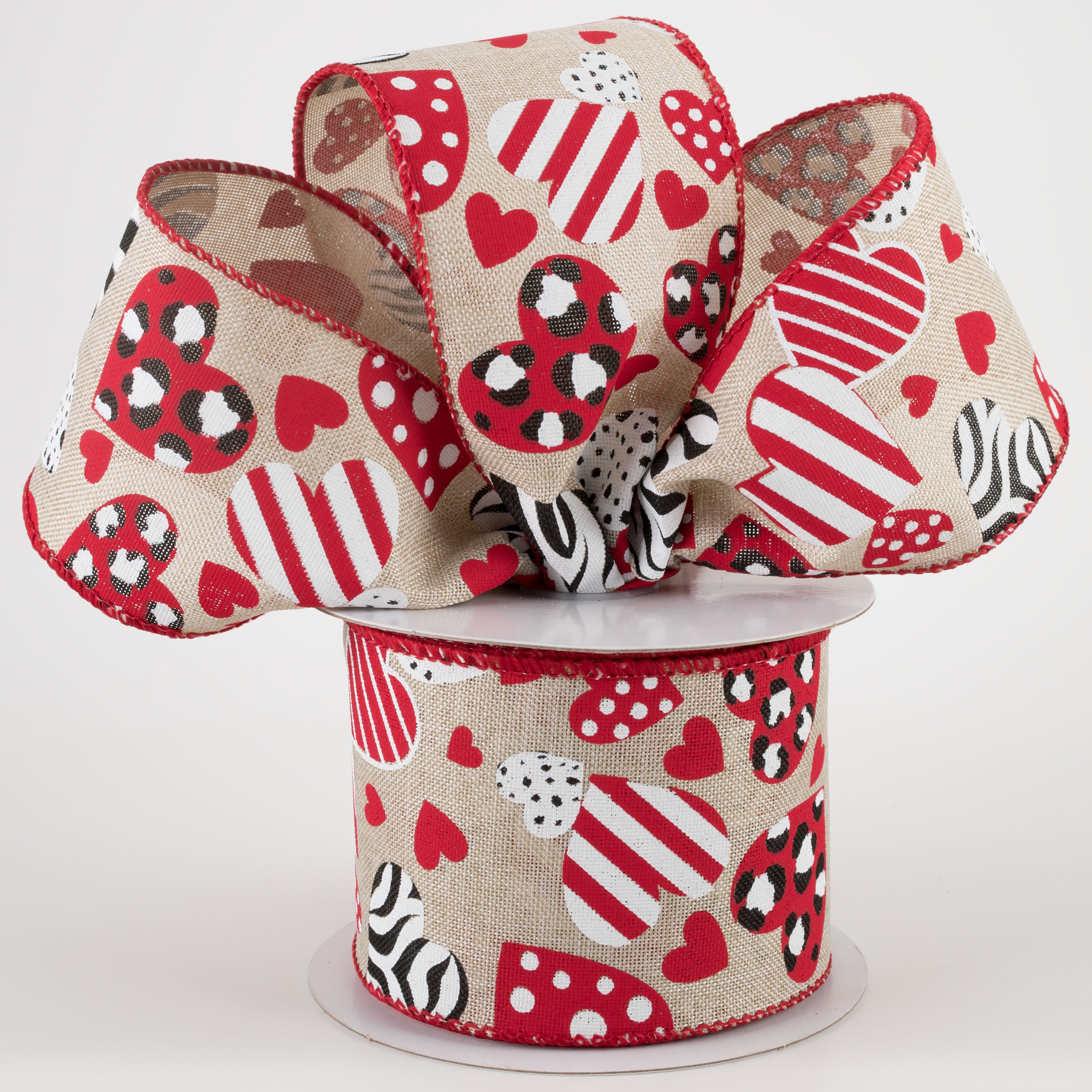 2.5" Cheetah, Zebra, Dot, Stripe Hearts Ribbon: Natural (10 Yards) Lifestyle Photo