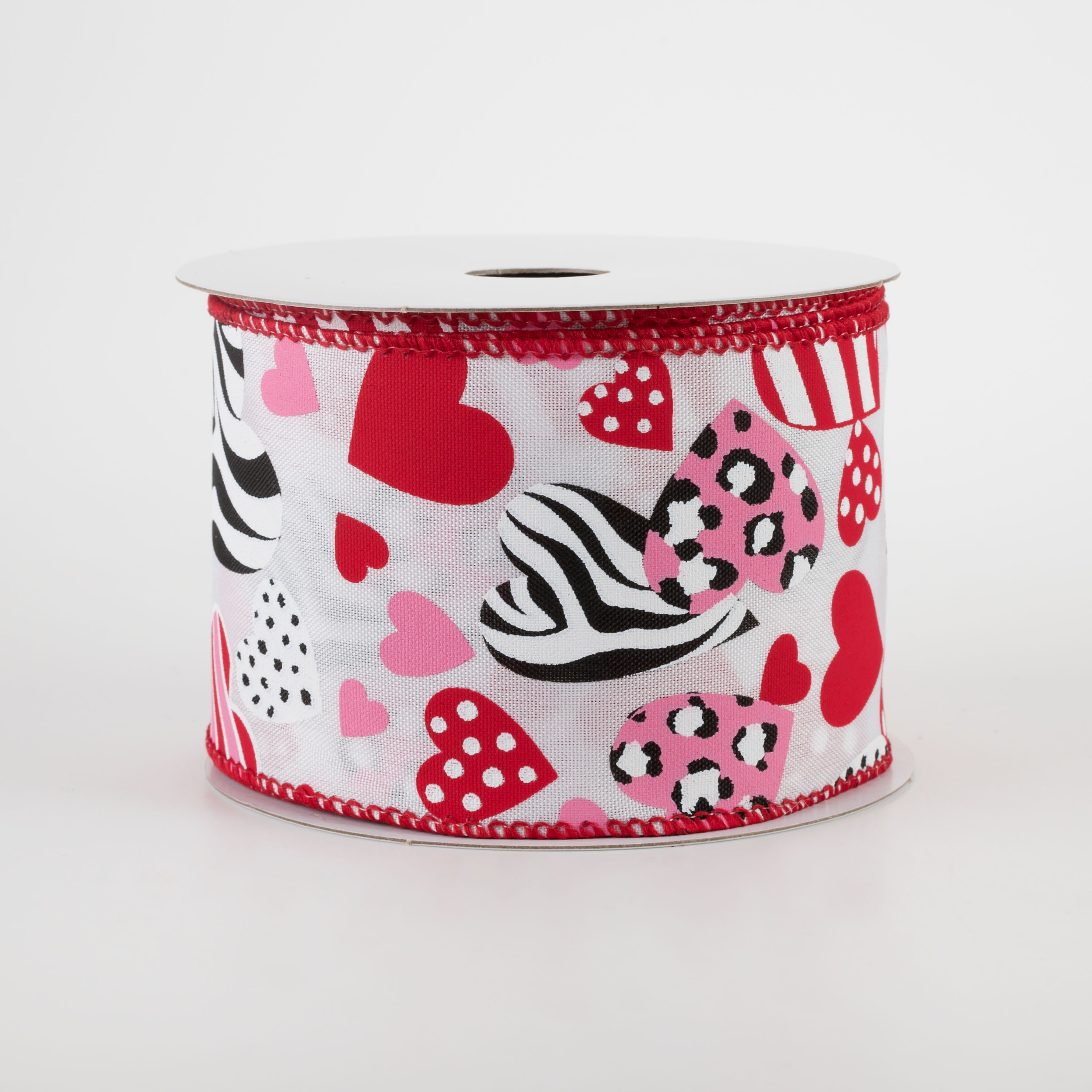 2.5" Cheetah, Zebra, Dot, Stripe Hearts Ribbon: White (10 Yards) Item Number: 11210-40-01