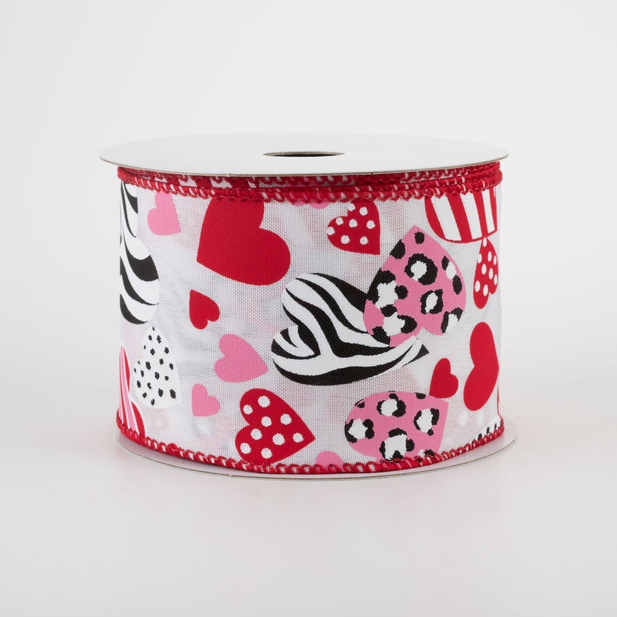 2.5" Cheetah, Zebra, Dot, Stripe Hearts Ribbon: White (10 Yards) Item Number: 11210-40-01
