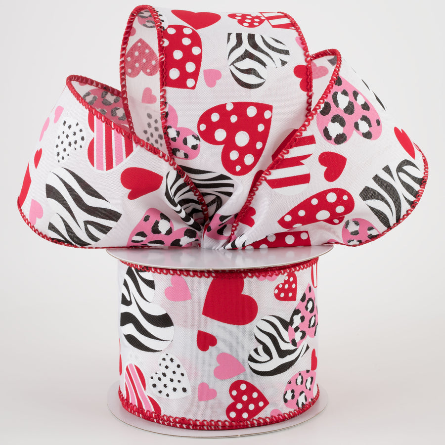 2.5" Cheetah, Zebra, Dot, Stripe Hearts Ribbon: White (10 Yards) Lifestyle Photo