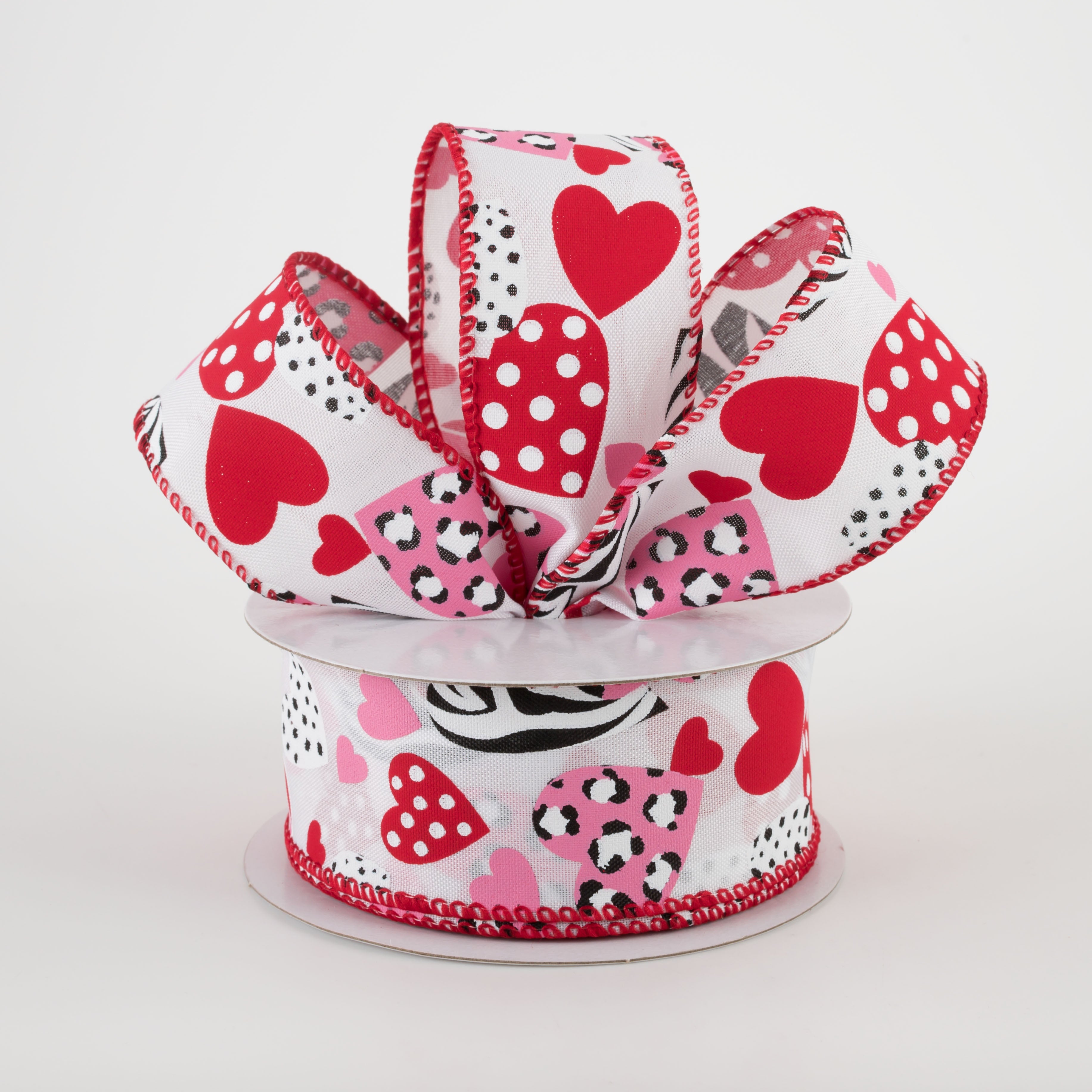 1.5" Cheetah, Zebra, Dot, Stripe Hearts Ribbon: White (10 Yards) Lifestyle Photo