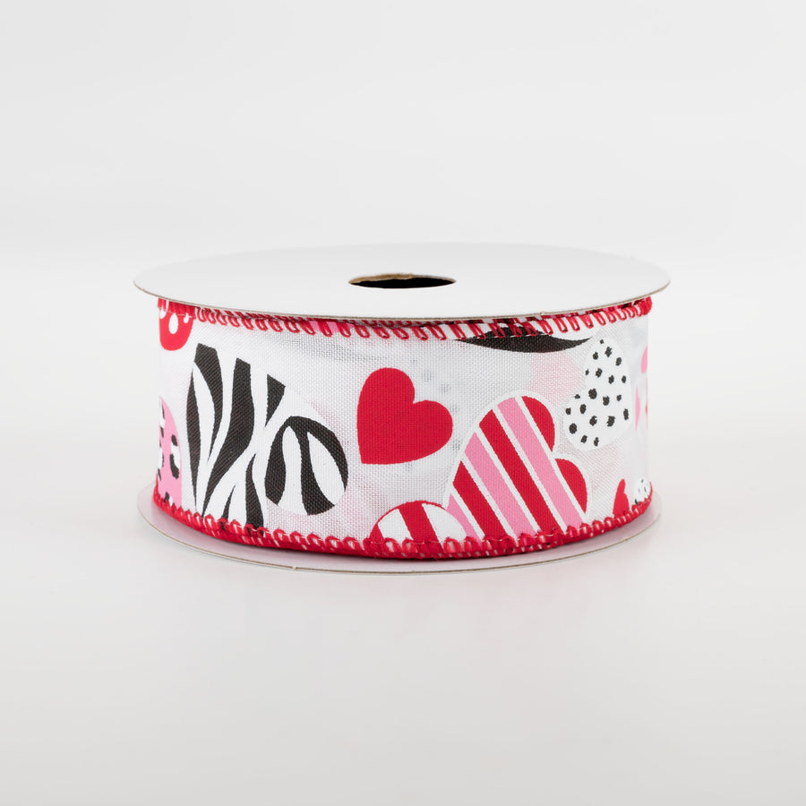 1.5" Cheetah, Zebra, Dot, Stripe Hearts Ribbon: White (10 Yards) Item Number: 11210-09-01