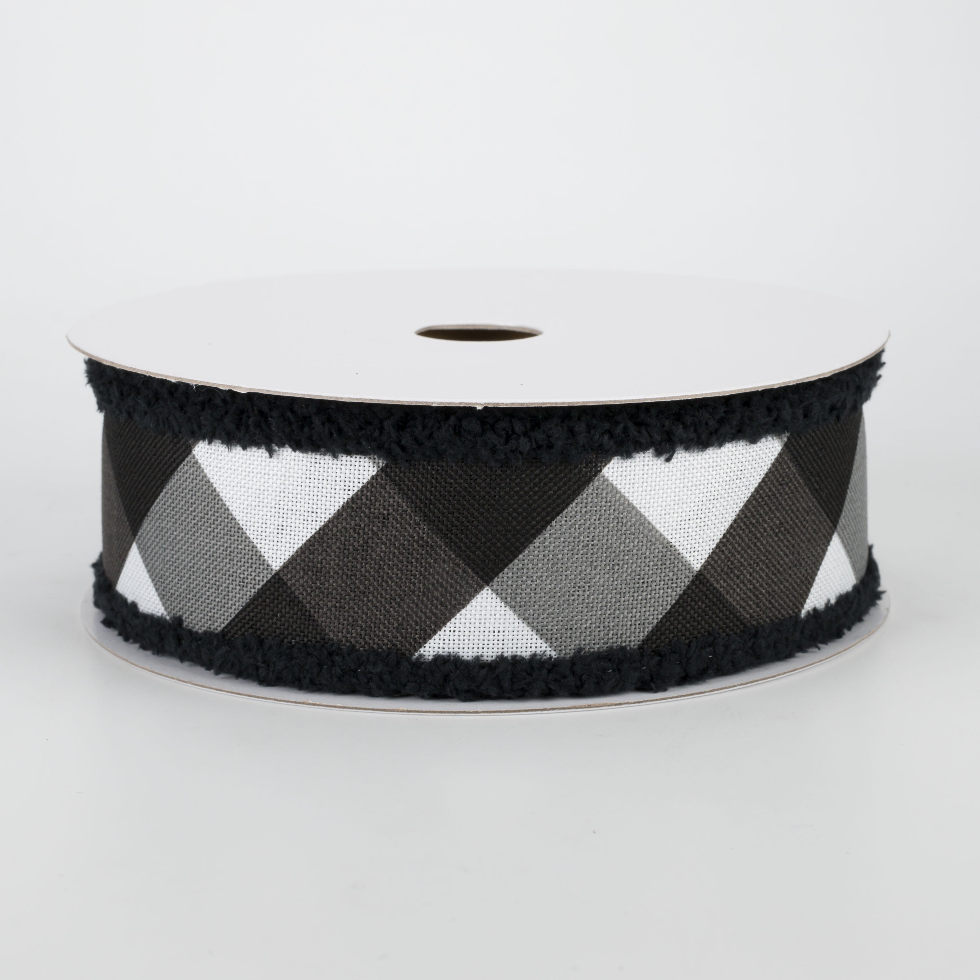 1.5" Chenille Edge Bold Check Ribbon: White & Black (10 Yards)