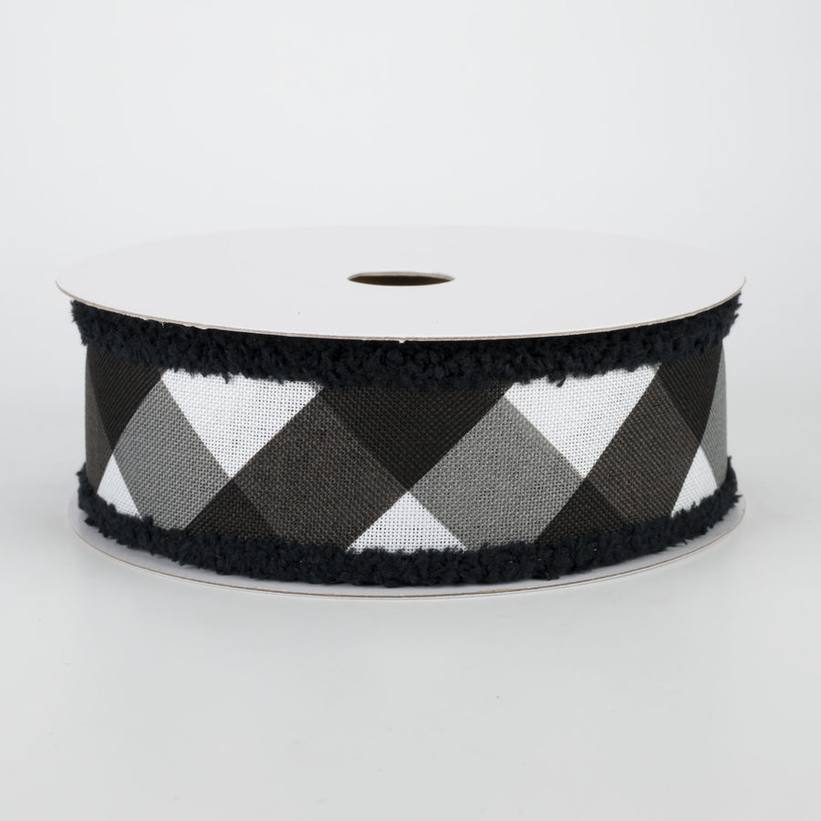1.5" Chenille Edge Bold Check Ribbon: White & Black (10 Yards)