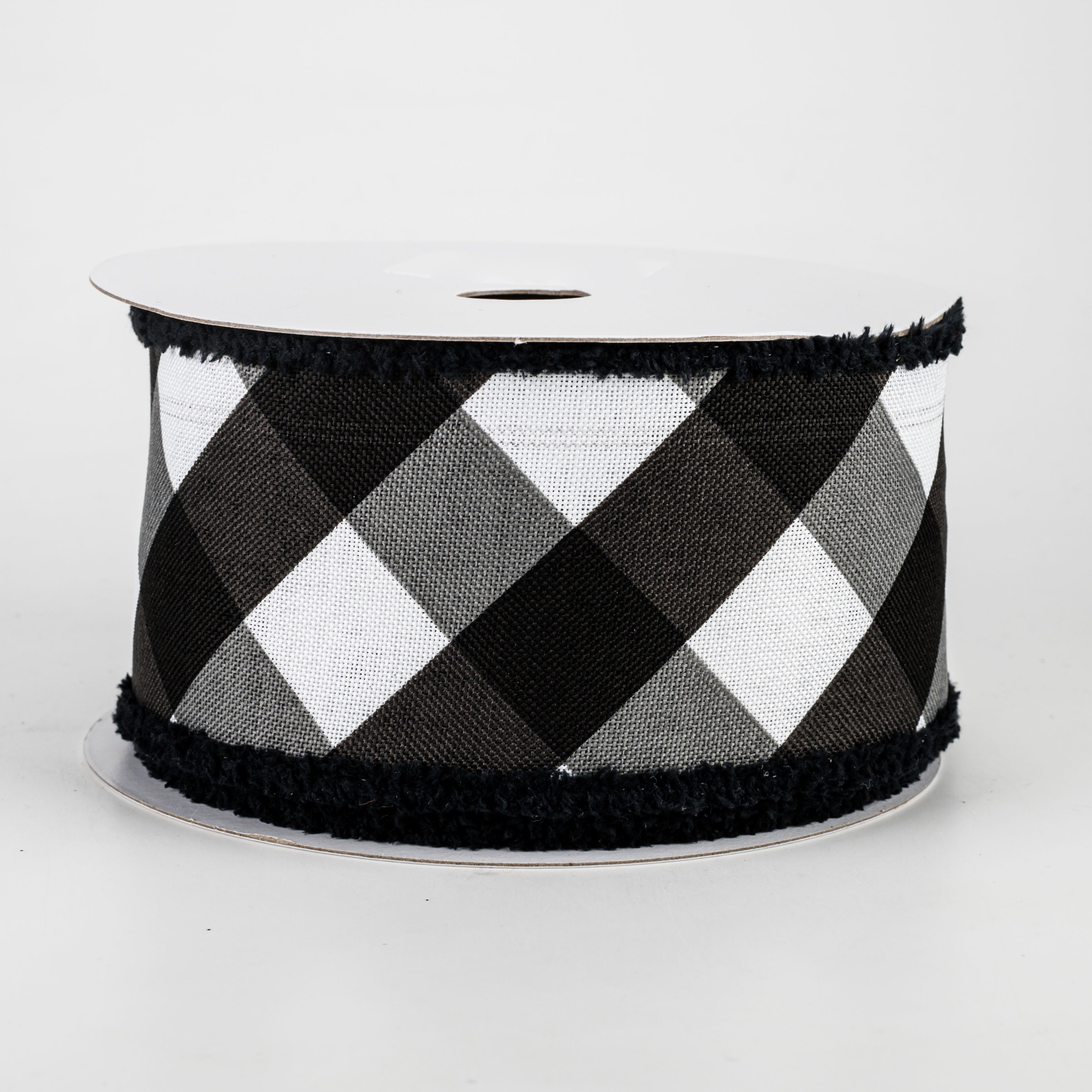 2.5" Chenille Edge Bold Check Ribbon: White & Black (10 Yards)
