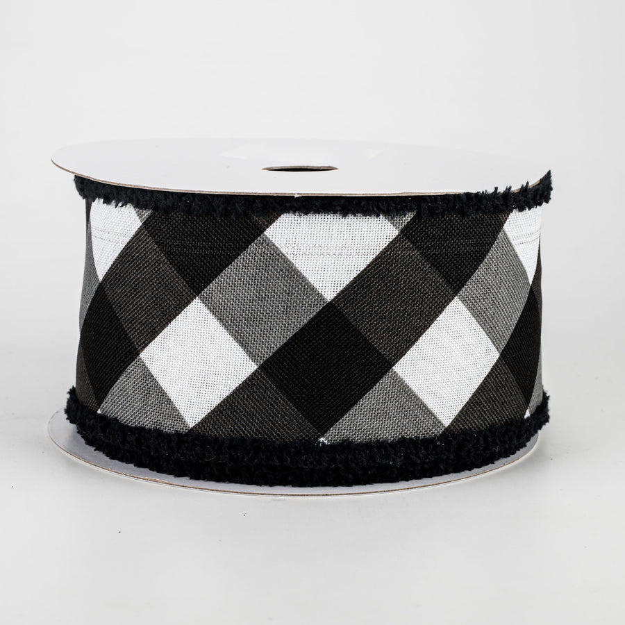 2.5" Chenille Edge Bold Check Ribbon: White & Black (10 Yards)