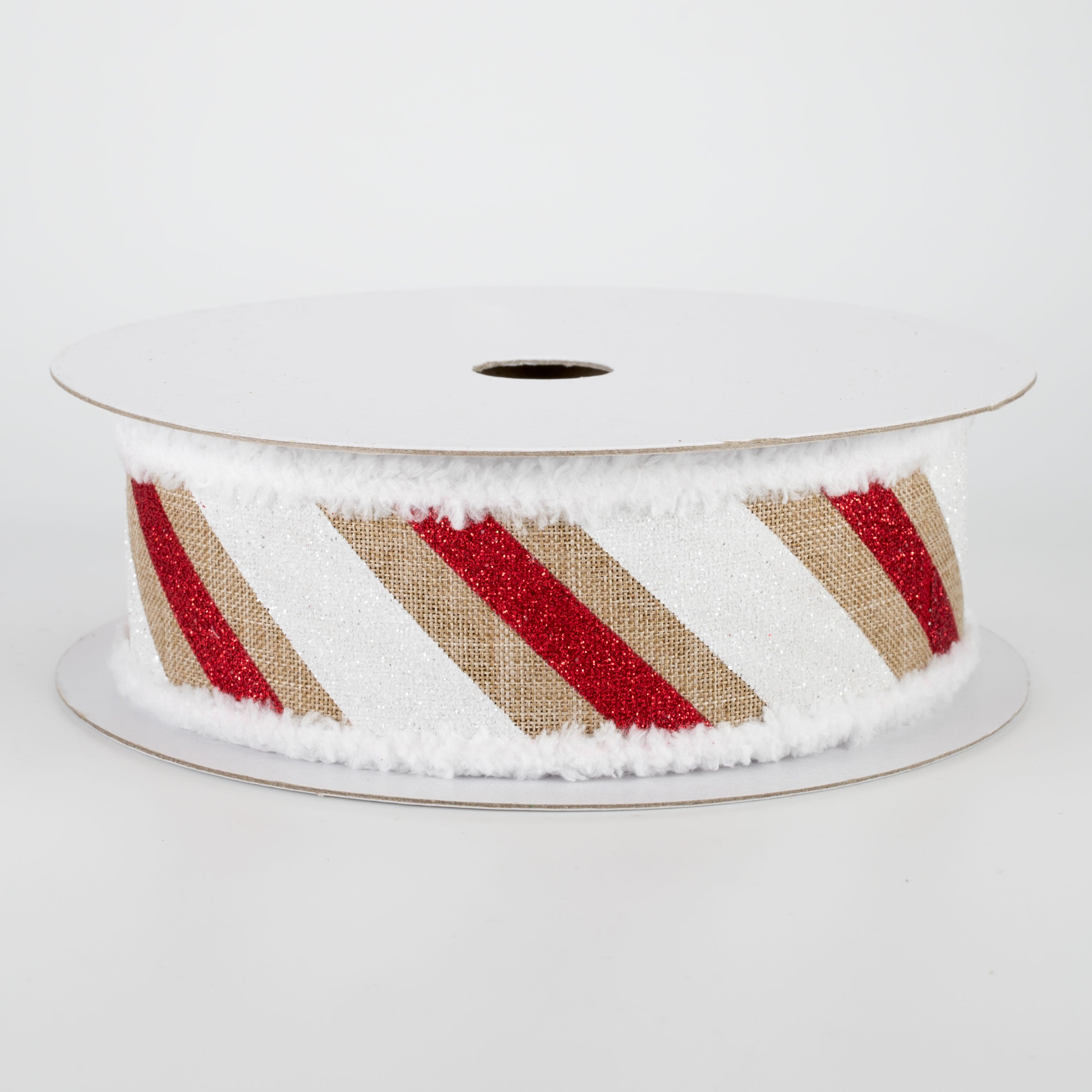 1.5" Chenille Edge Diagonal Glitter Stripe Ribbon: Beige, Red, White (10 Yards)