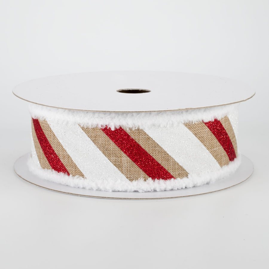 1.5" Chenille Edge Diagonal Glitter Stripe Ribbon: Beige, Red, White (10 Yards)