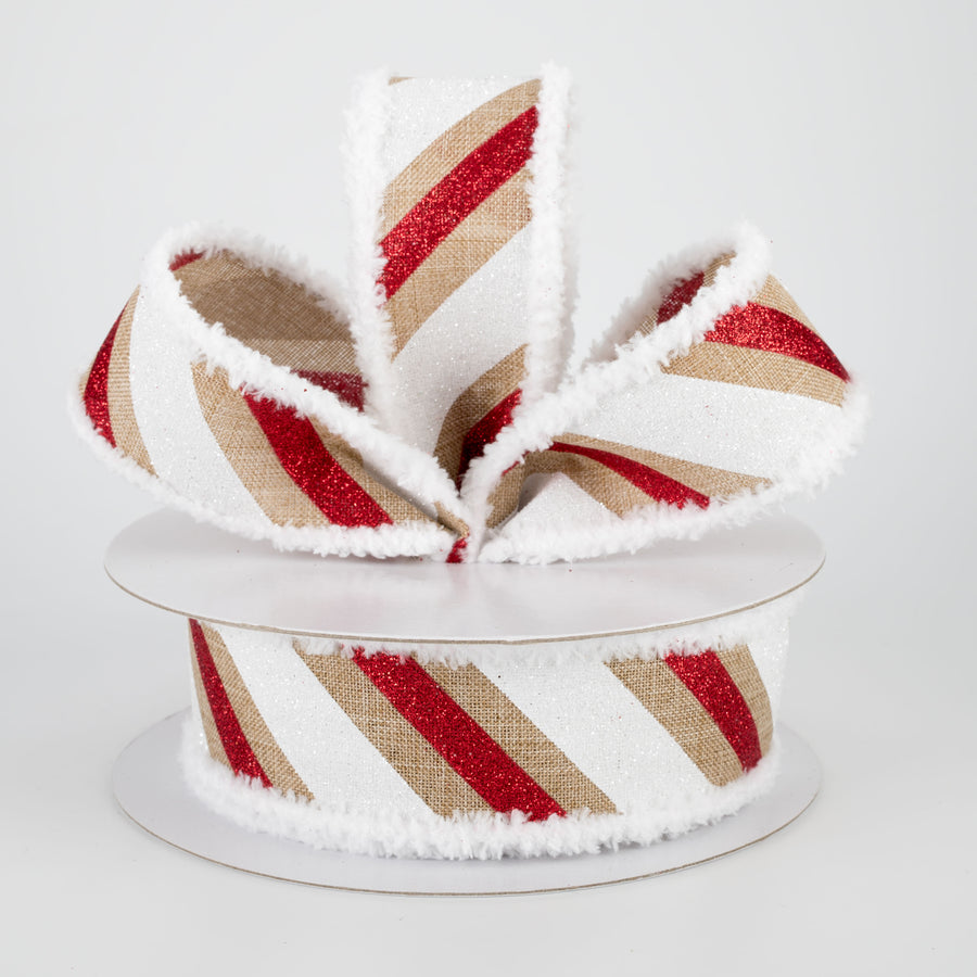 1.5" Chenille Edge Diagonal Glitter Stripe Ribbon: Beige, Red, White (10 Yards) Lifestyle Photo