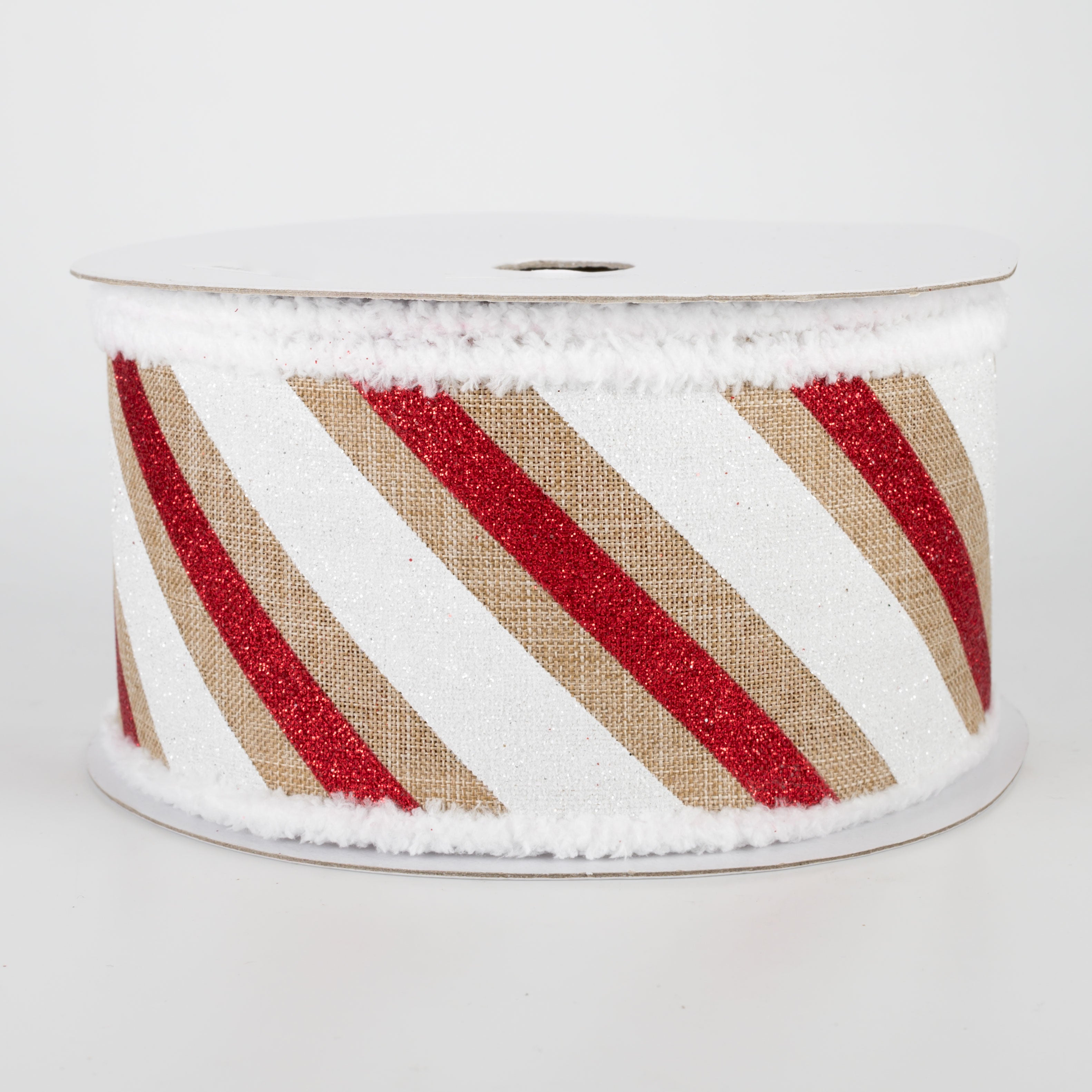 2.5" Chenille Edge Diagonal Glitter Stripe Ribbon: Beige, Red, White (10 Yards)