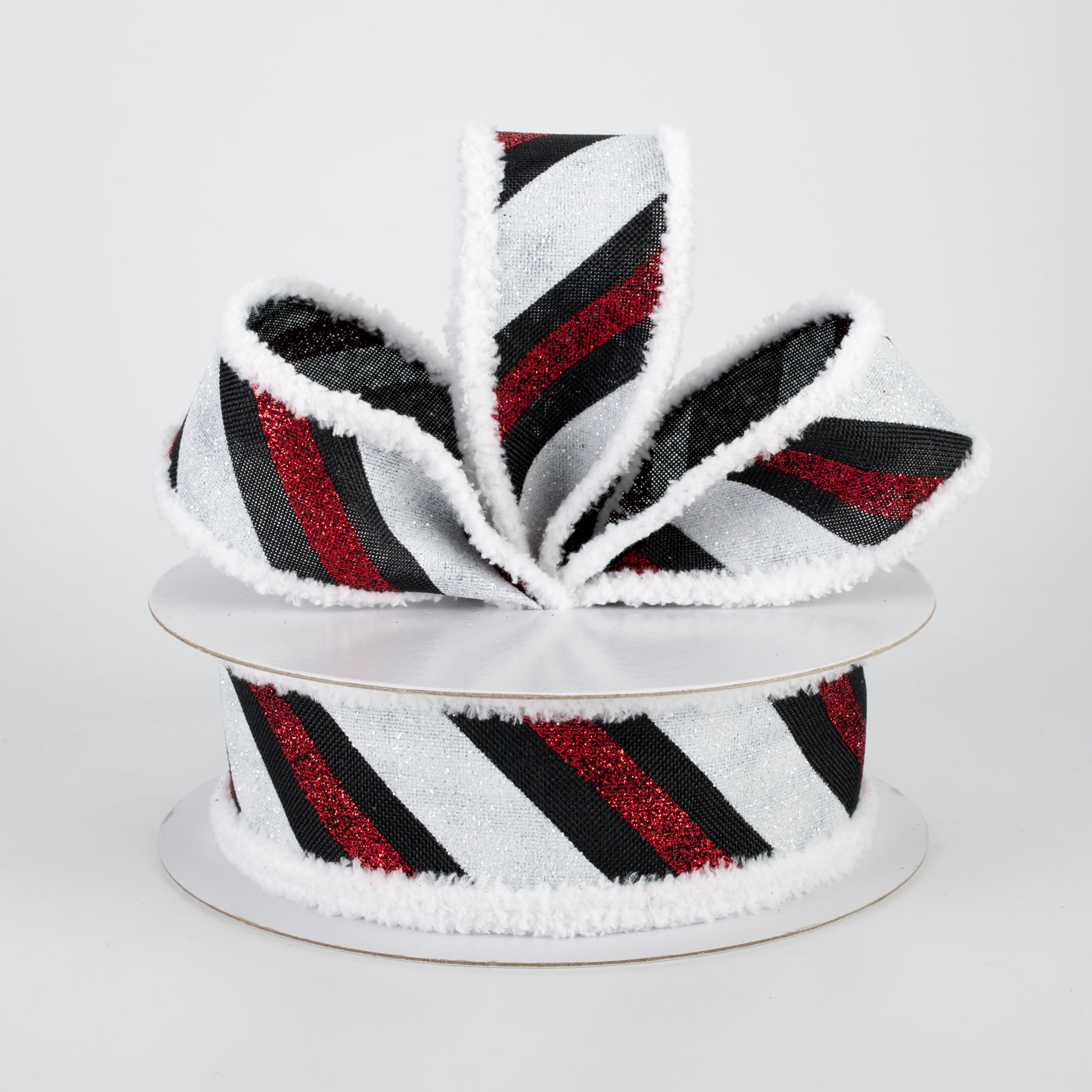 1.5" Chenille Edge Diagonal Glitter Stripe Ribbon: Black, Red, White (10 Yards) Lifestyle Photo