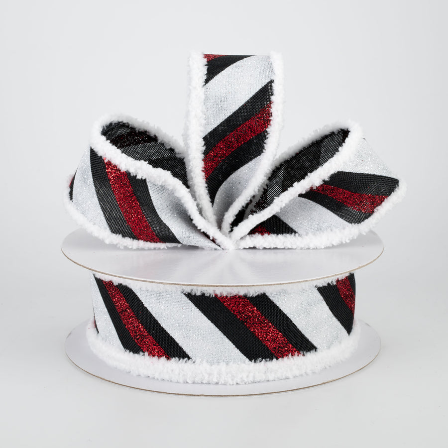 1.5" Chenille Edge Diagonal Glitter Stripe Ribbon: Black, Red, White (10 Yards) Lifestyle Photo