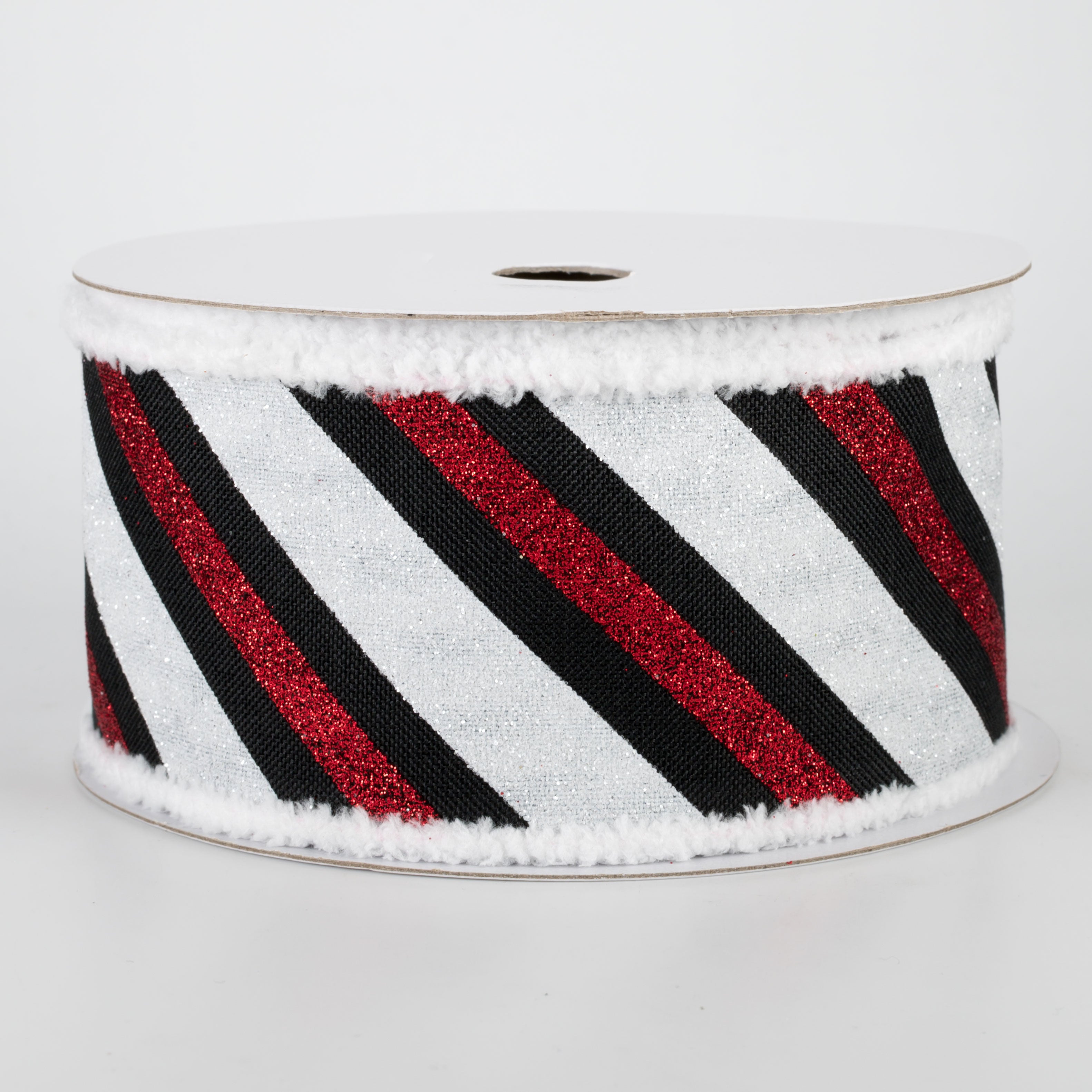 2.5" Chenille Edge Diagonal Glitter Stripe Ribbon: Black, Red, White (10 Yards)