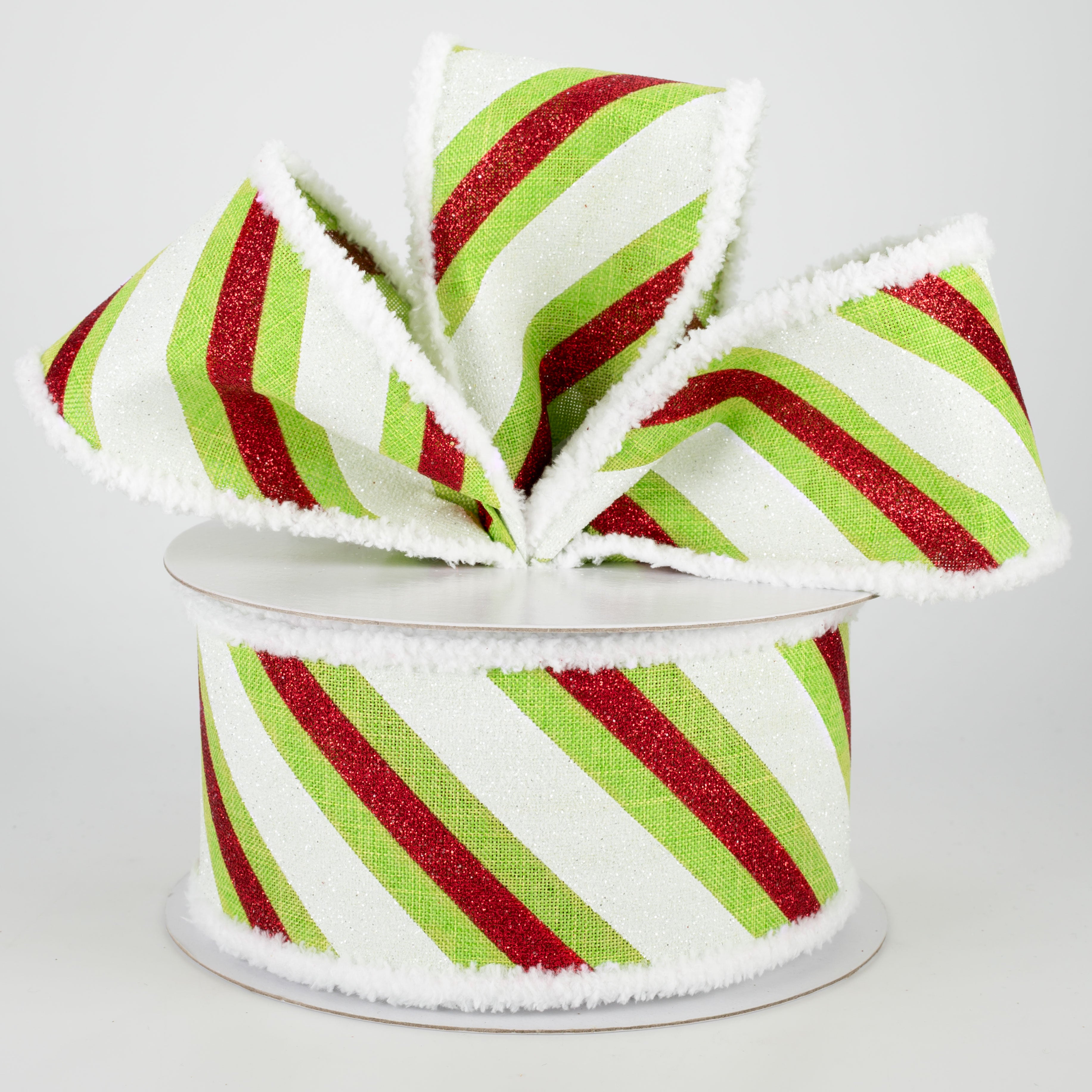 2.5" Chenille Edge Diagonal Glitter Stripe Ribbon: Lime, Red, White (10 Yards) Lifestyle Photo