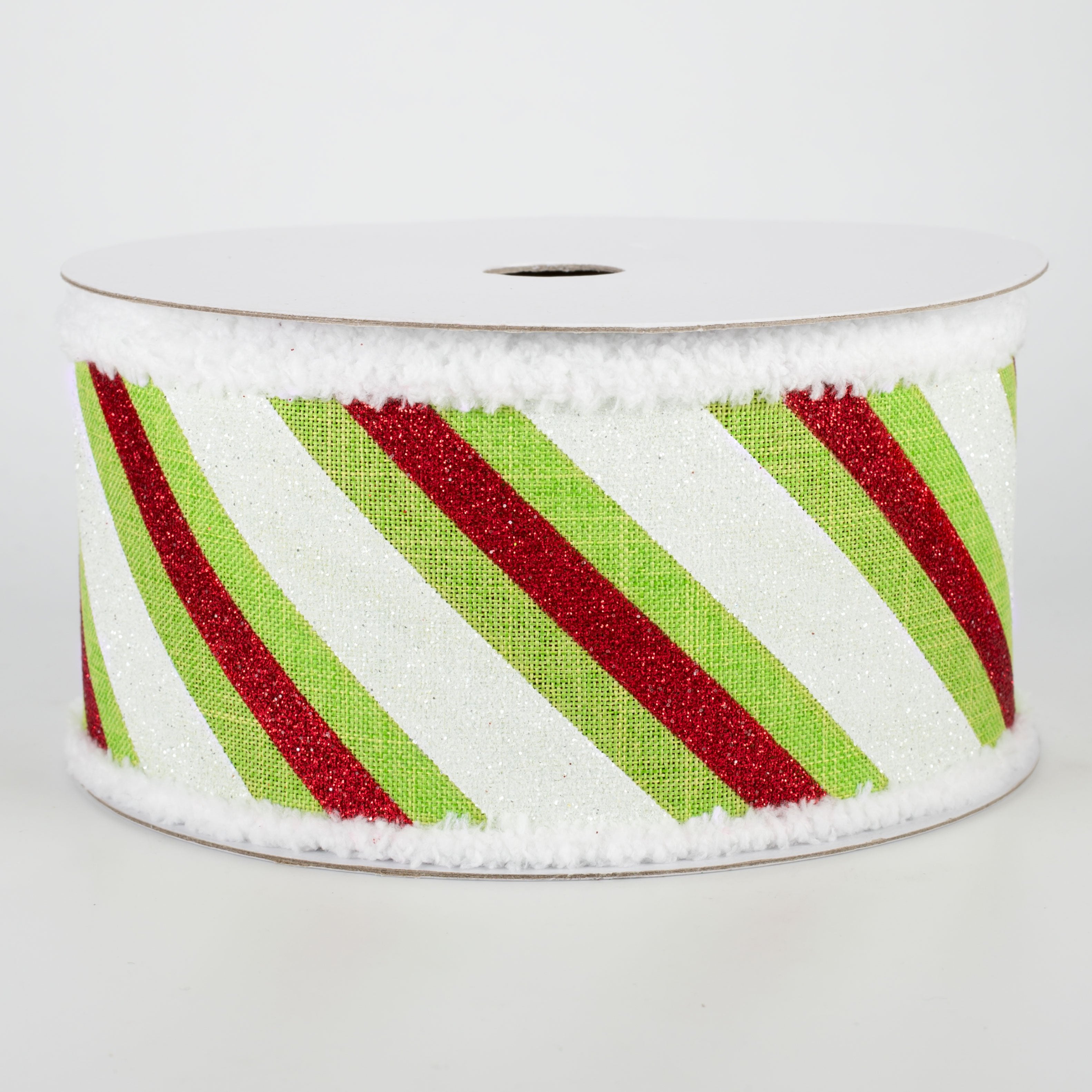 2.5" Chenille Edge Diagonal Glitter Stripe Ribbon: Lime, Red, White (10 Yards)