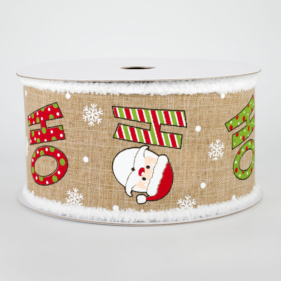 2.5" Chenille Edge Ho Ho Ho Santa Ribbon: Beige (10 Yards)