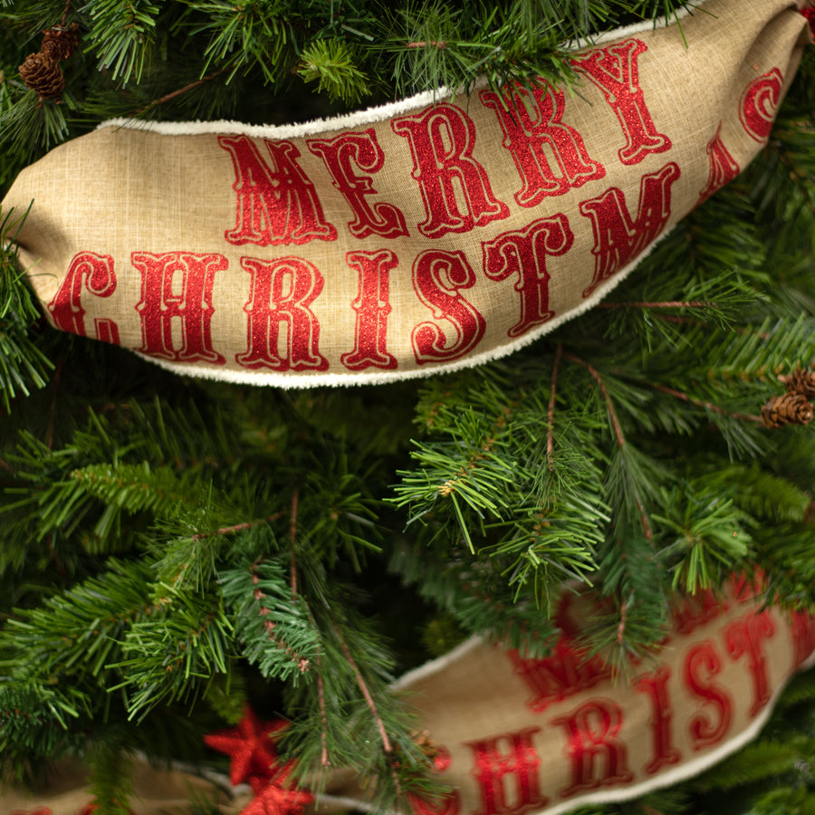 6" Chenille Edge Merry Christmas Ribbon: Beige & Red (10 Yards) Lifestyle Photo