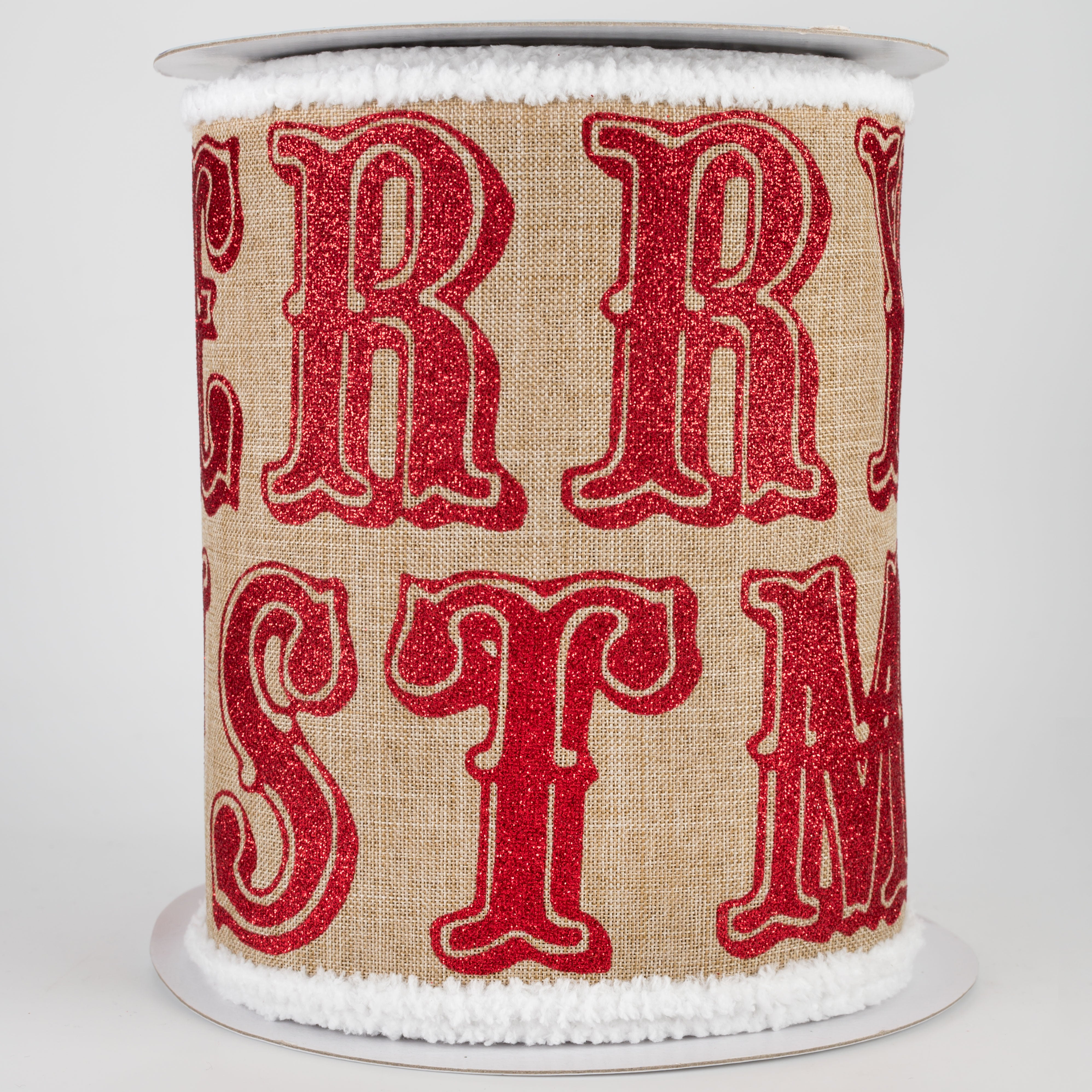 6" Chenille Edge Merry Christmas Ribbon: Beige & Red (10 Yards)