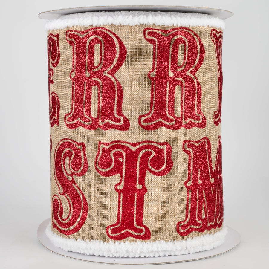 6" Chenille Edge Merry Christmas Ribbon: Beige & Red (10 Yards)