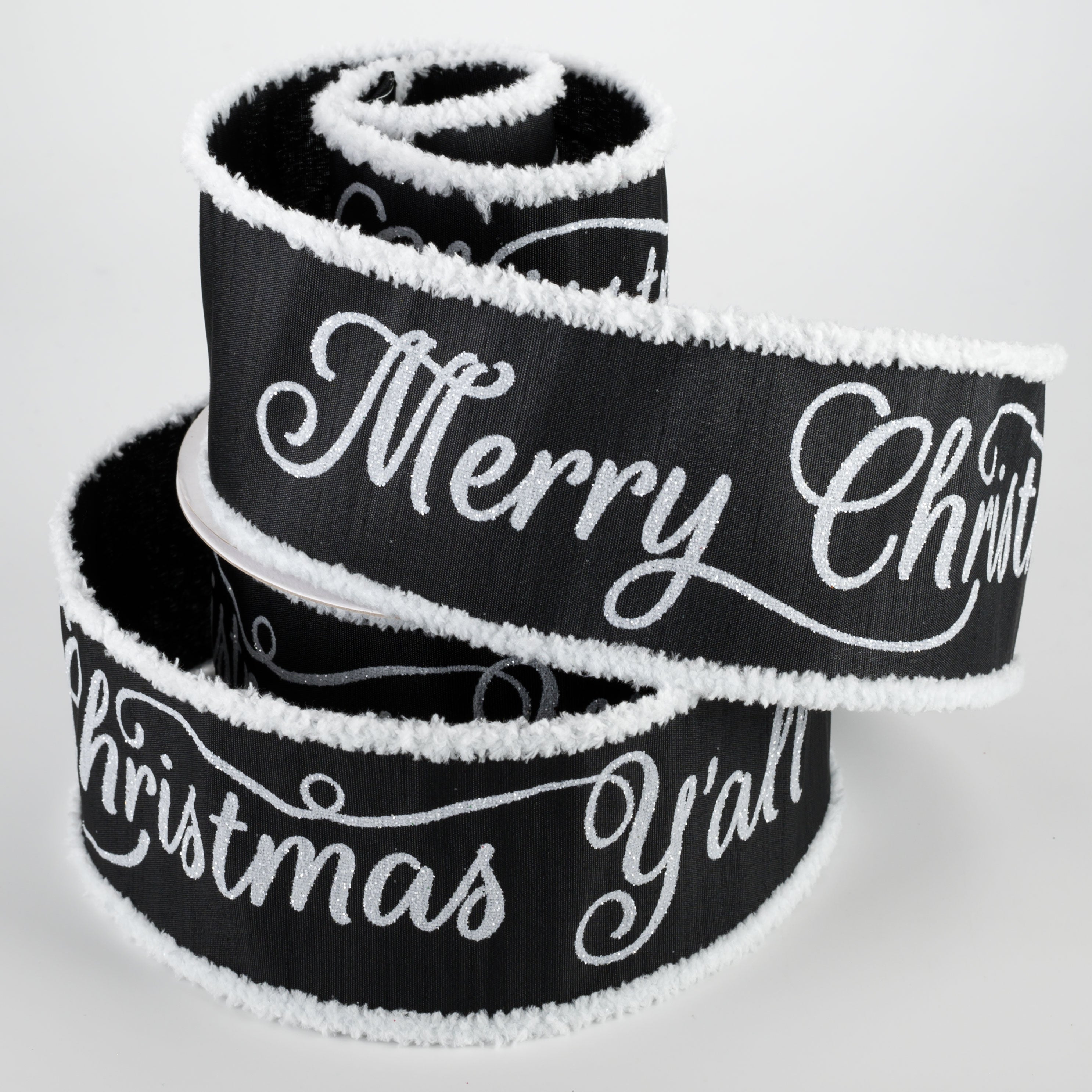 2.5" Chenille Edge Merry Christmas Y'all Ribbon: Black (10 Yards) Lifestyle Photo