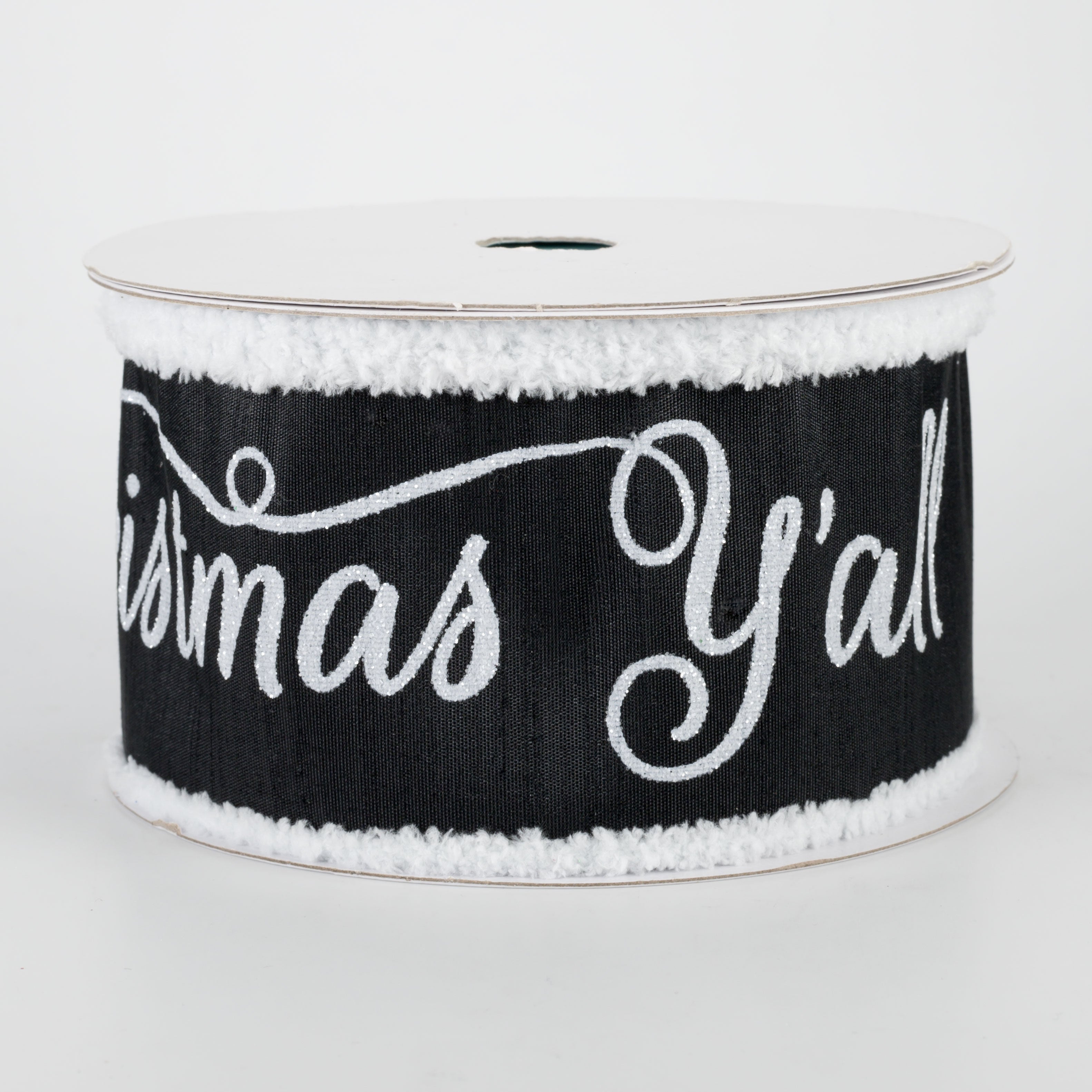 2.5" Chenille Edge Merry Christmas Y'all Ribbon: Black (10 Yards)