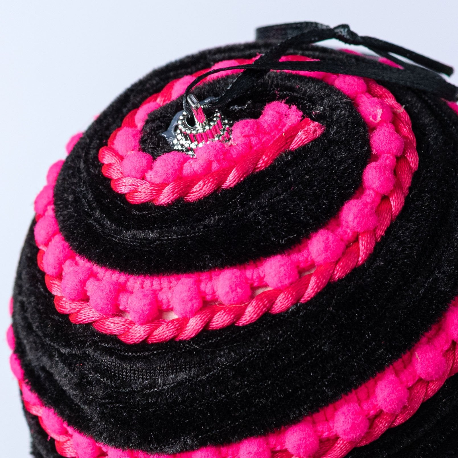 5" Chenille Pom Pom & Cording Ornament: Hot Pink & Black detail photo 3